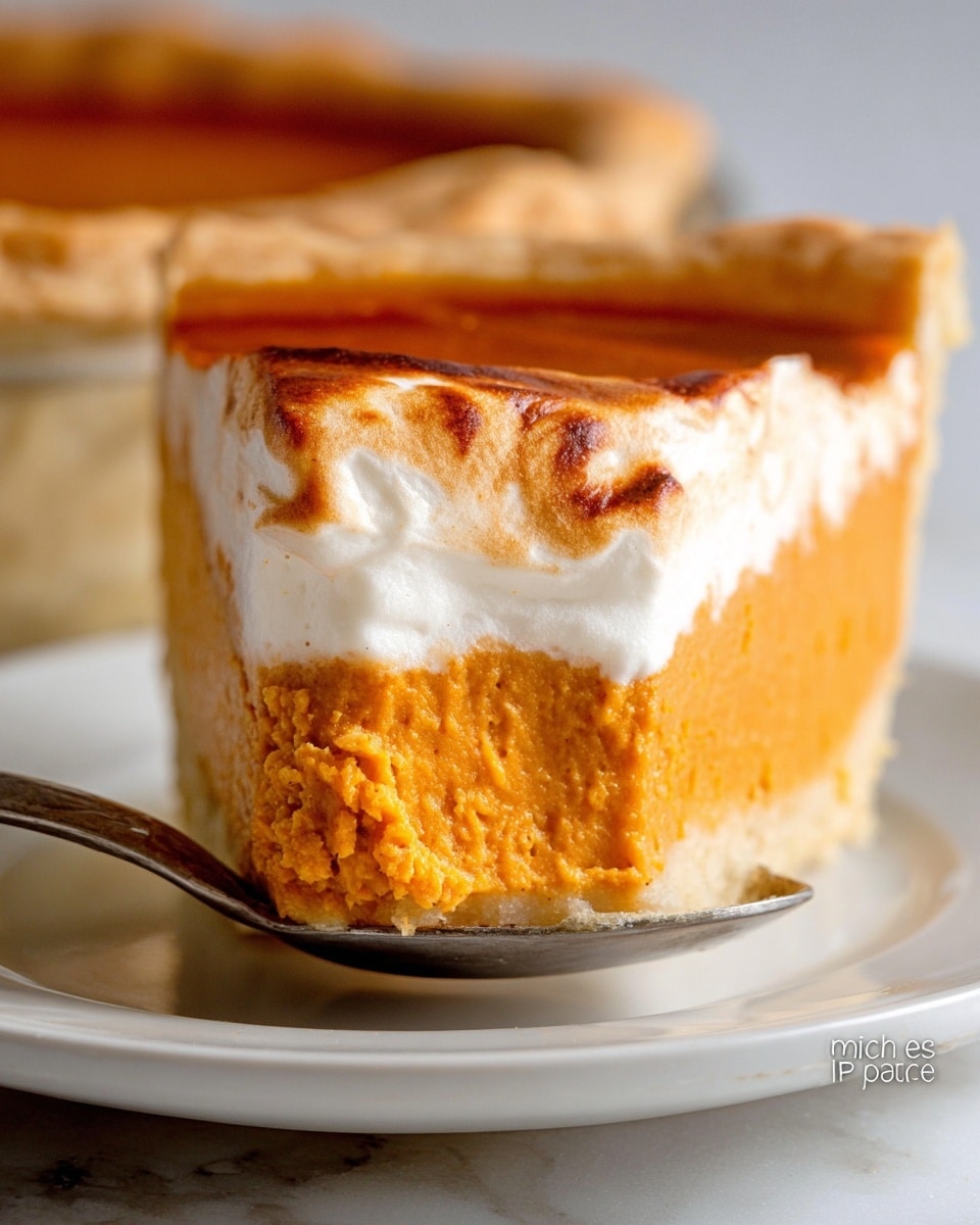 The image shows a close-up of a baked pumpkin pie with two visible layers. The bottom layer is a pale, golden crust with a rough, flaky texture that forms a slightly crimpled edge around the pie. The top layer is the pumpkin filling, which is smooth with a somewhat dense consistency and a warm, rich orange color. The pie is placed on a white plate with a border of raised round dots, and the background is a white marbled texture. Photo taken with an iphone --ar 4:5 --v 7