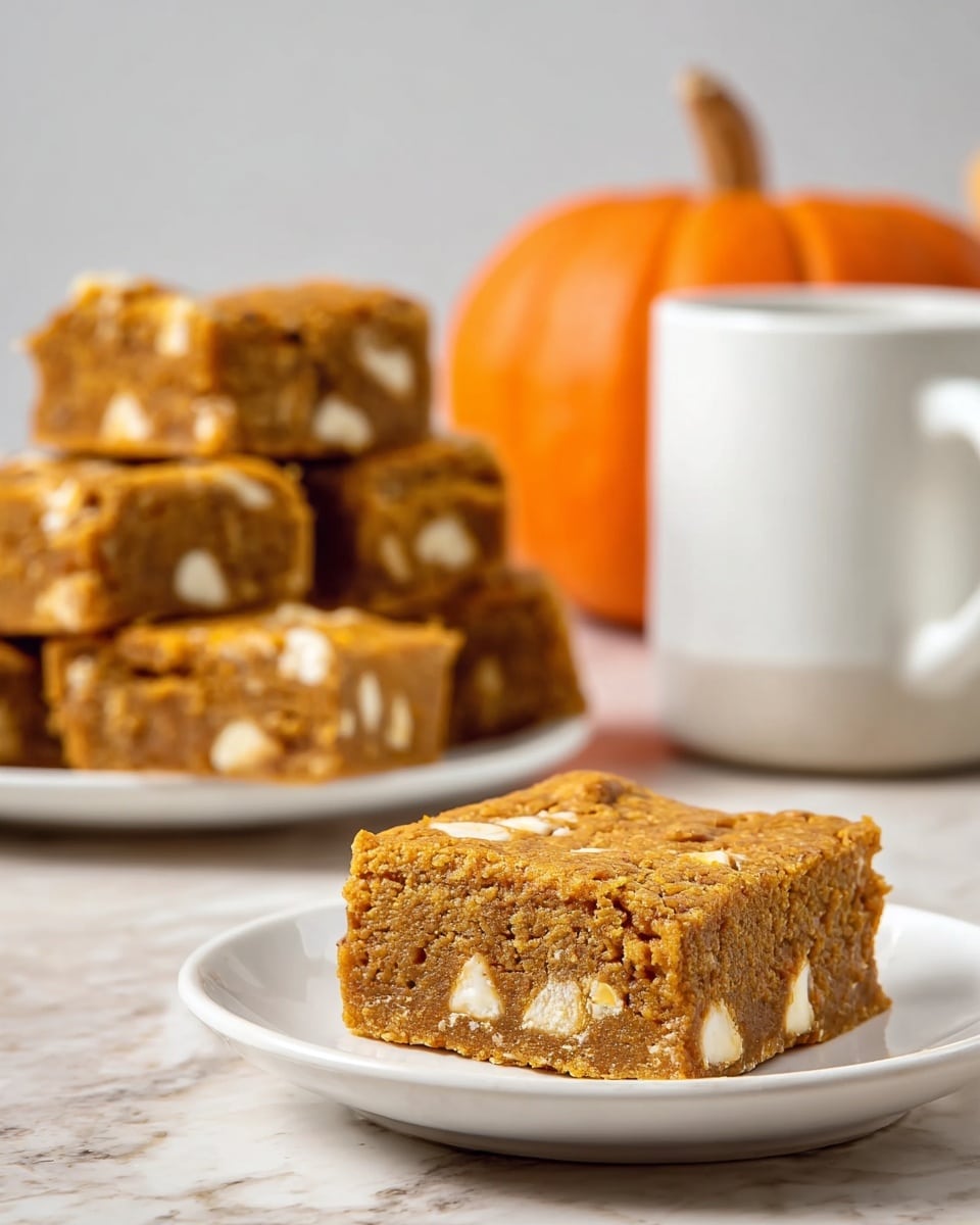 A single square bar of pumpkin dessert with white chocolate chunks sits on a white plate in the foreground, showing a dense orange-brown texture with visible white spots from the chocolate pieces inside. Behind it, a stack of more square bars is placed on another white plate, slightly out of focus. In the background, there is a white mug and an orange pumpkin on a white marbled surface, all set against a light gray background. photo taken with an iphone --ar 4:5 --v 7
