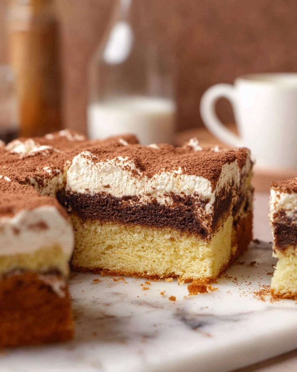 The image shows a close-up of a square cake cut into pieces on a white marbled surface. The cake has three layers: a bottom layer of light yellow sponge, a middle layer of dark brown chocolate sponge, and a top layer of white creamy frosting. The frosting is dusted with a fine layer of brown cocoa powder. The cake texture looks moist and soft, with crumbs scattered around. The background is blurred with brown and white tones, with a white ceramic cup and glass bottles visible. Photo taken with an iphone --ar 4:5 --v 7