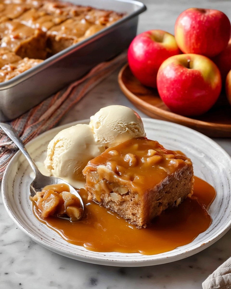 A square piece of soft, light brown apple cake with visible small apple chunks sits in the center of a shallow white plate, covered in a thick, glossy caramel sauce pooling around the base; next to the cake are two scoops of creamy off-white vanilla ice cream with a smooth texture. A silver spoon with a bite of cake covered in sauce rests on the plate’s edge. The plate is placed on a white textured larger plate, all set on a white marbled surface. In the background, there is a metal baking tray filled with more caramel-coated apple cake. To the right, three shiny, red apples sit on a wooden tray. The photo is taken with an iphone --ar 4:5 --v 7