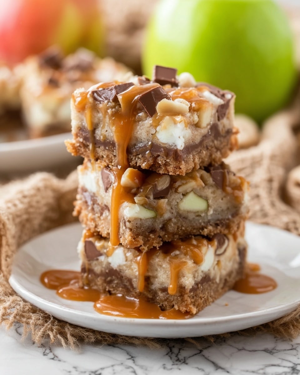 The image shows three stacked dessert bars with three visible layers. The bottom layer is a firm, golden-brown crust. The middle layer is chocolate, slightly melted and soft in texture. The top layer is creamy white with gooey caramel and pieces of toasted nuts spread unevenly across it. The bars are placed on a piece of white parchment paper on a white marbled surface with a dark background behind them. Photo taken with an iphone --ar 4:5 --v 7