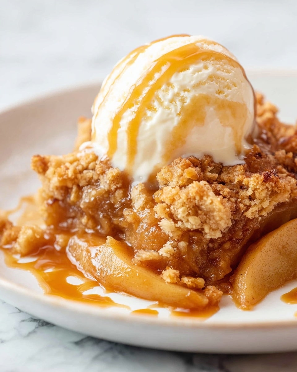 A close-up view of a warm apple crumble dessert served on a white plate with a white marbled texture background, showing around three layers: the bottom layer is soft, cooked apple slices in a golden brown syrup, the middle layer consists of a crumbly, textured topping with a rough, crunchy appearance in a warm golden color, and the top layer is a scoop of creamy vanilla ice cream melting slightly with drizzles of caramel sauce running over the ice cream and spooning onto the plate photo taken with an iphone --ar 4:5 --v 7