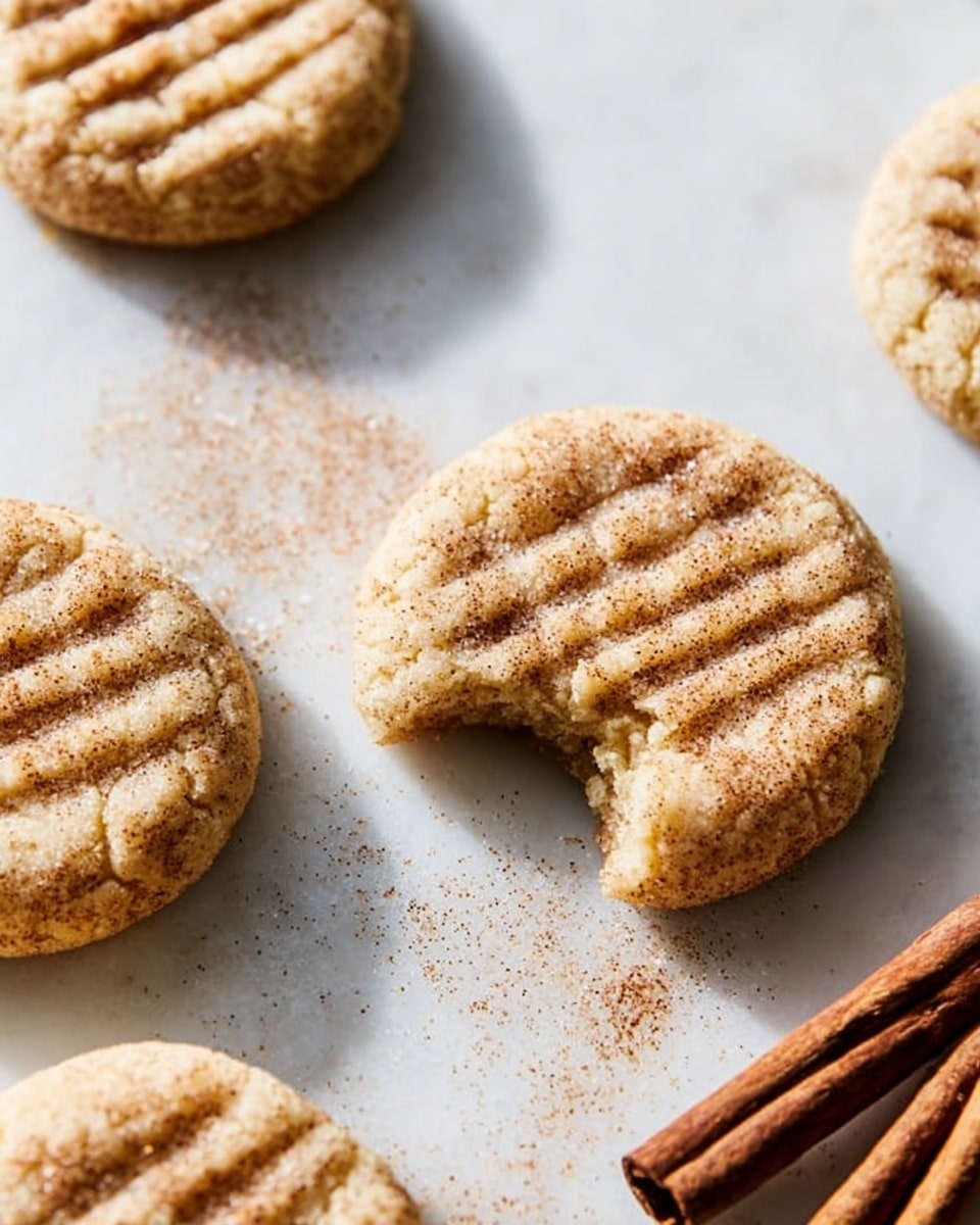 Four round cookies are placed on a white marbled surface, each cookie has a criss-cross pattern on top and a light brown color with sugar sprinkled over. One cookie in the front has a single bite taken out, showing the soft inside texture. A few cinnamon sticks are placed on the bottom right corner, adding warm brown tones. The light casts soft shadows around the cookies. photo taken with an iphone --ar 4:5 --v 7