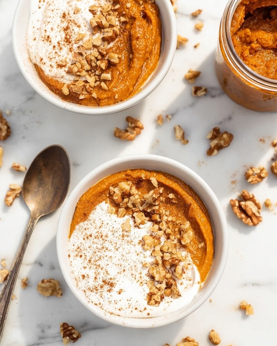 Two white bowls sit on a white marbled surface. Each bowl is filled with two layers: one half has a thick, smooth, dark orange pumpkin puree layer, topped with small crunchy walnut pieces along the edge, and the other half has a smooth white cream layer sprinkled lightly with brown cinnamon. Around the bowls, there are scattered walnut pieces and a glass jar filled with the dark orange pumpkin puree. The setting is bright, clean, and simple. photo taken with an iphone --ar 4:5 --v 7