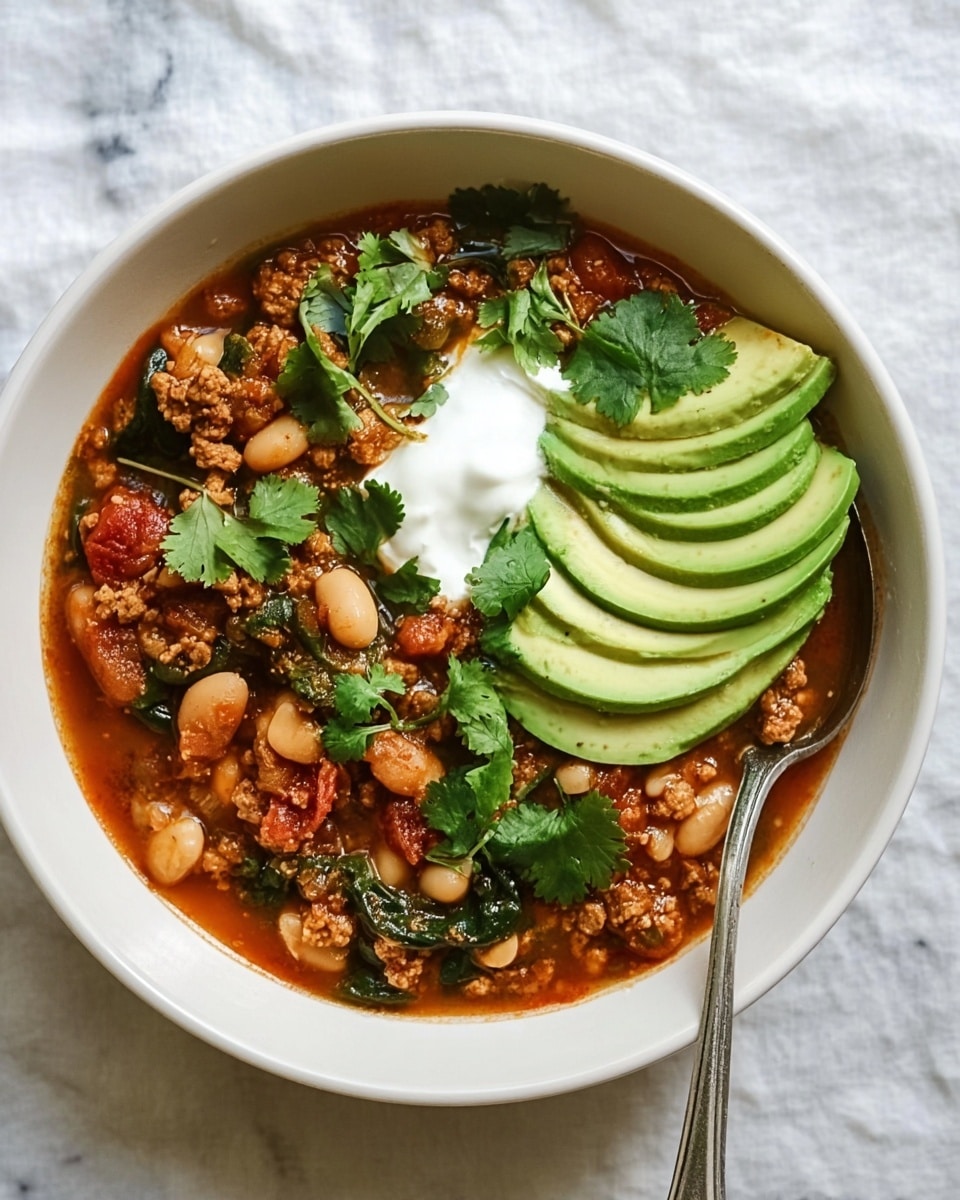 A white bowl filled with a thick stew made of ground meat, white beans, and tomato chunks, with green spinach leaves mixed inside. On top of the stew, there are five slices of bright green avocado fanned out on one side. Dollops of white cream sit near the avocado, with a silver spoon partly dipped into the stew. Fresh green cilantro leaves are scattered on top, adding a bright contrast. The bowl sits on a white marbled surface. photo taken with an iphone --ar 4:5 --v 7