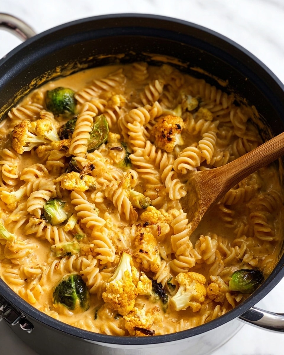 A close-up view of a black pot filled with creamy orange sauce pasta made with spiral rotini noodles, roasted green Brussels sprouts, and small pieces of golden roasted cauliflower scattered throughout. The sauce coats the noodles evenly, giving a smooth texture. On the right side of the pot, a wooden spoon is partially dipped in the creamy pasta, mixing the ingredients gently, resting against the black pot's side. The pot sits on a white marbled surface. photo taken with an iphone --ar 4:5 --v 7