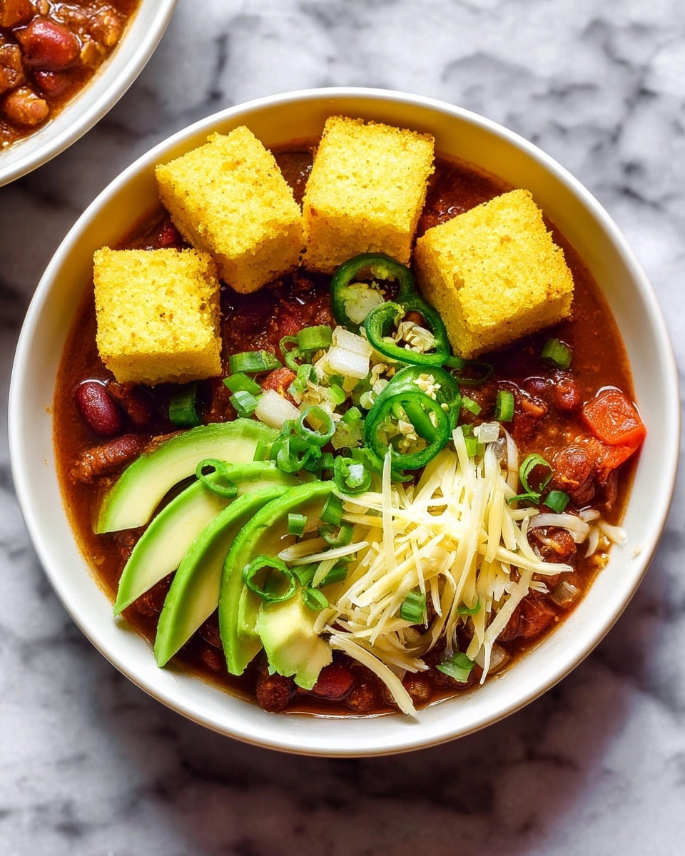 The image shows a bowl of thick chili with visible beans and diced red peppers as the base layer. On top, there are five golden-yellow cornbread cubes placed near the center. To one side, there is a small fan of green avocado slices laying flat, and beside them, some thin pale-yellow shredded cheese loosely piled. Scattered thin slices of bright green jalapeño peppers and small green onion rings are sprinkled over the chili near the cheese. The bowl is white, and the whole setup sits on a white marbled surface. photo taken with an iphone --ar 4:5 --v 7