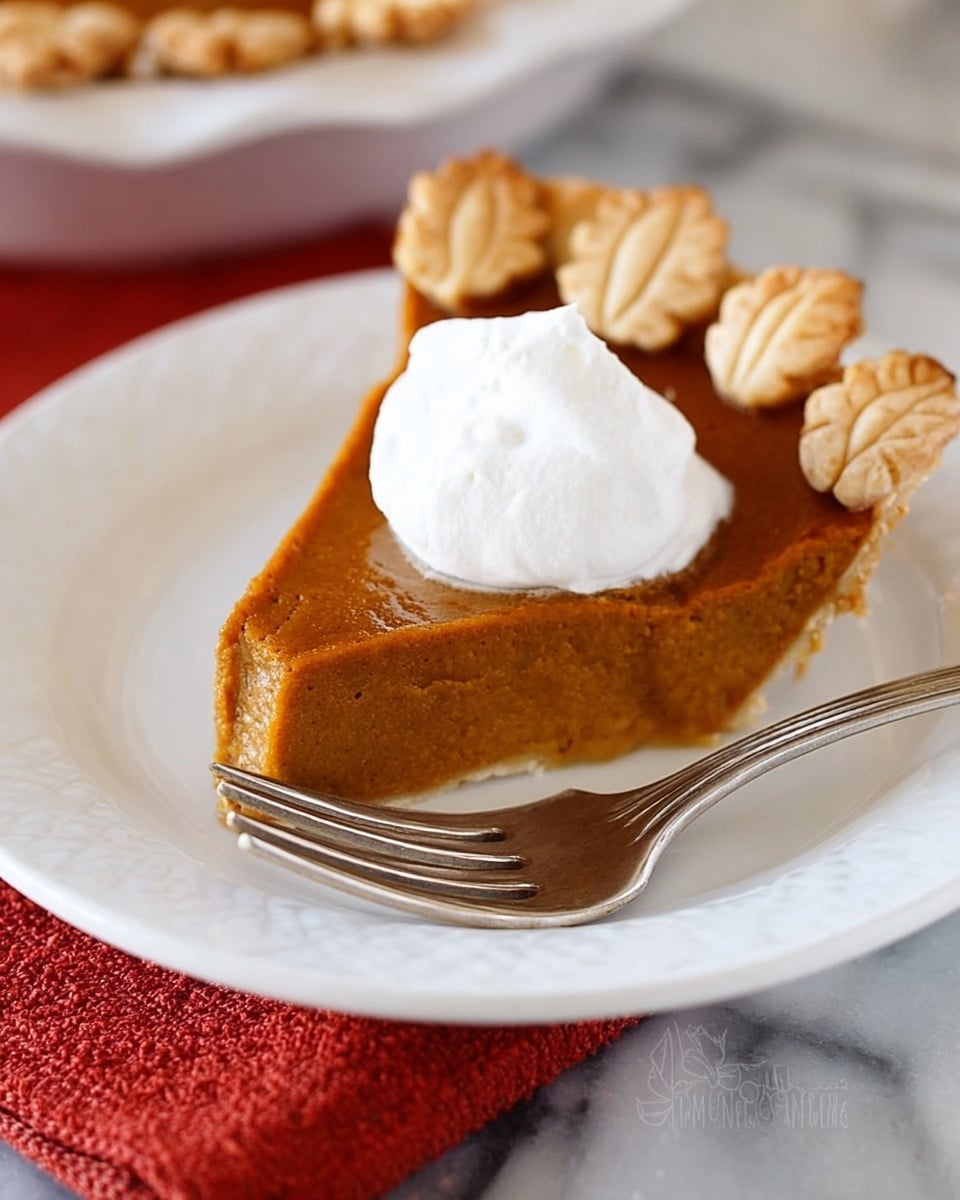 A slice of pumpkin pie with a golden-brown crust featuring small leaf-shaped pastry decorations on top, filled with smooth, deep orange pumpkin filling, and topped with a dollop of fluffy white whipped cream in the center. The slice sits on a white plate with a silver fork resting beside it, all placed on a table with a white marbled surface and a red cloth partially visible under the plate. Photo taken with an iphone --ar 4:5 --v 7