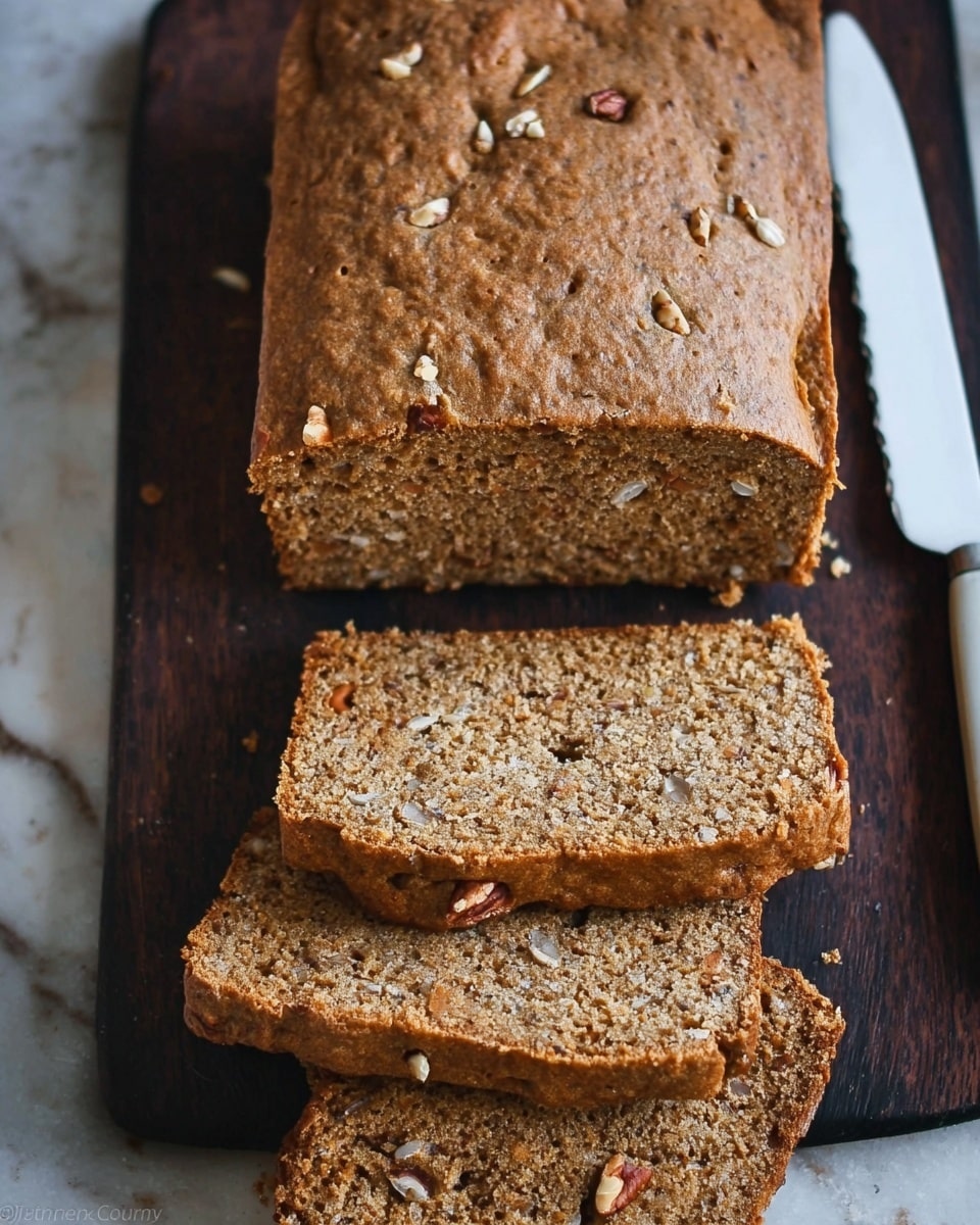 A loaf of brown bread with a smooth, slightly shiny top crust sits on a wooden board. The loaf has a dense, moist texture with visible small seeds or nuts inside. Three slices are cut and laid out in front of the main loaf, showing the evenly textured crumb. The bread has a warm golden brown color on the crust and a darker, nutty brown inside. Photo taken with an iphone --ar 4:5 --v 7