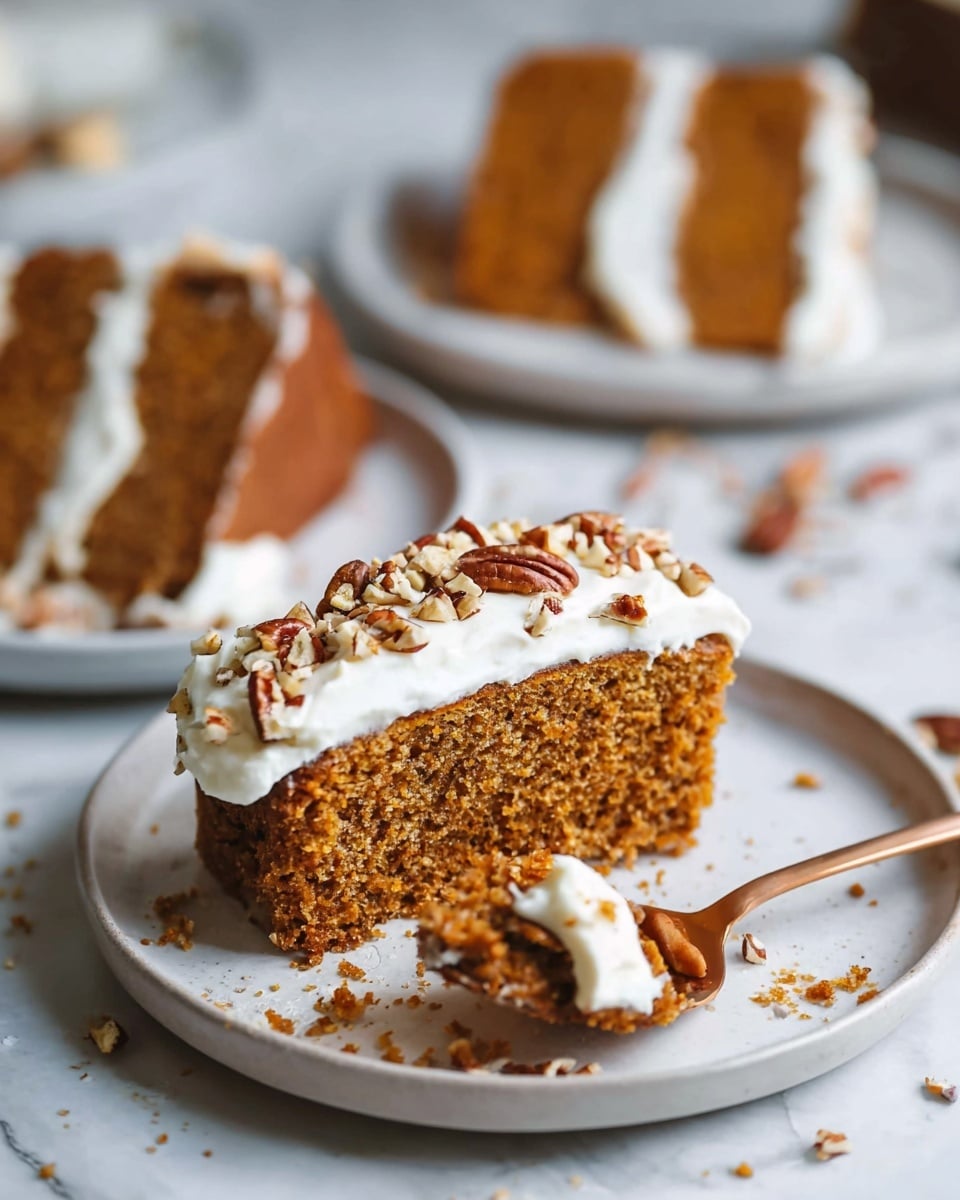 The image shows four slices of brown cake arranged in a row on a white rectangular plate. Each slice has a thick white frosting layer on top, covered with small pieces of chopped nuts scattered evenly. The cake has a soft texture with visible bits inside, and the plate is placed on a white marbled surface. In the background, there is a small white bowl filled with cinnamon sticks. photo taken with an iphone --ar 4:5 --v 7