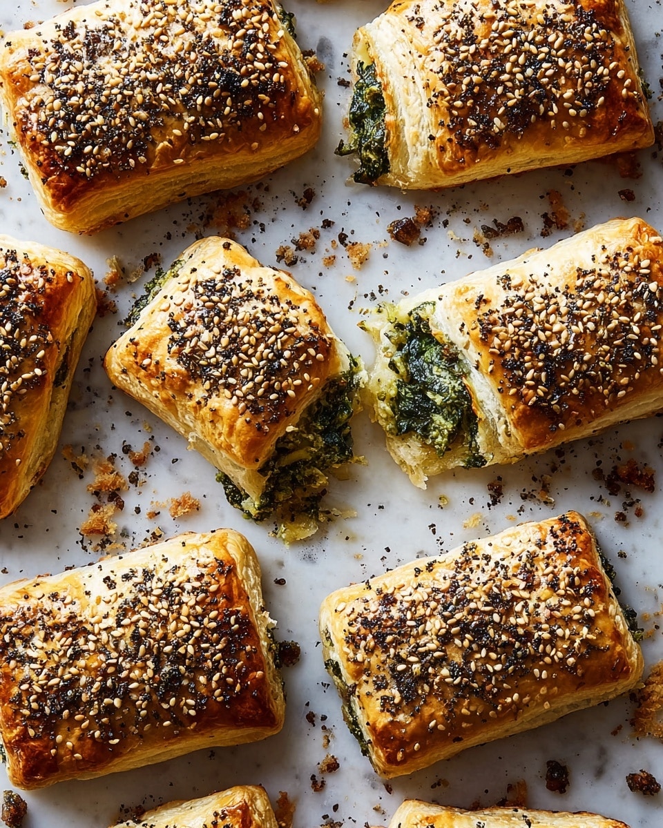 The image shows a stack of four golden brown pastry rolls filled with a green spinach mixture. Each roll is topped with a mix of toasted seeds and spices, including white and black sesame seeds, and small bits of dried seasoning. The flaky outer crust looks crisp and buttery with visible layers, and the inside filling appears soft and smooth. The rolls are arranged close together on a white plate, which is placed on a white marbled surface. The photo is taken close up, emphasizing the texture and detail of the pastry and seeds photo taken with an iphone --ar 4:5 --v 7