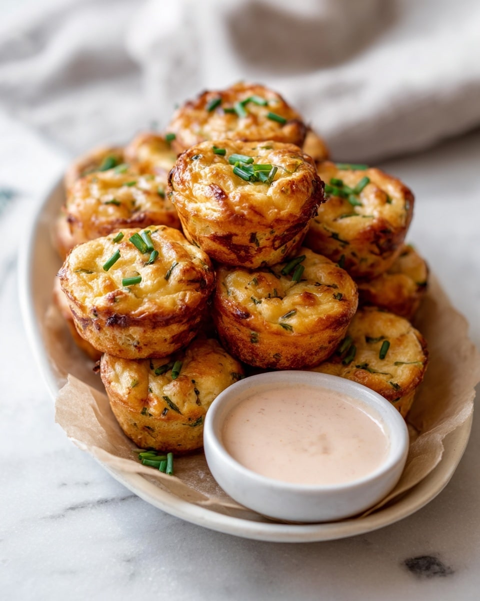 There is a white square plate on a white marbled surface filled with small baked muffins arranged in rows. Each muffin has a browned, slightly crispy outer layer that is golden orange and dark brown in some places. The tops are uneven with small lumps and a golden-yellow color mixed with bits of green herbs and melted cheese, giving a textured and cheesy look. The muffins are uniform in size, about two or three layers thick with a firm base and soft, slightly puffed filling inside. The background has a red and green checkered cloth partly visible. Photo taken with an iphone --ar 4:5 --v 7