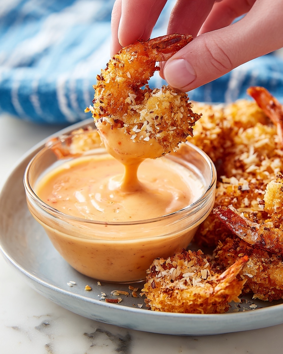 A close-up view of a golden-brown crispy shrimp being dipped into a small glass bowl filled with light orange creamy sauce. The shrimp has a crunchy texture with visible coconut flakes, and the sauce clings to it as it is lifted. The bowl and shrimp rest on a white plate, with more breaded shrimp scattered around it. In the background, a blurred blue and white cloth is visible, all set on a white marbled surface. A woman's hand gently holds the shrimp from above, showing the dipping action clearly. Photo taken with an iphone --ar 4:5 --v 7