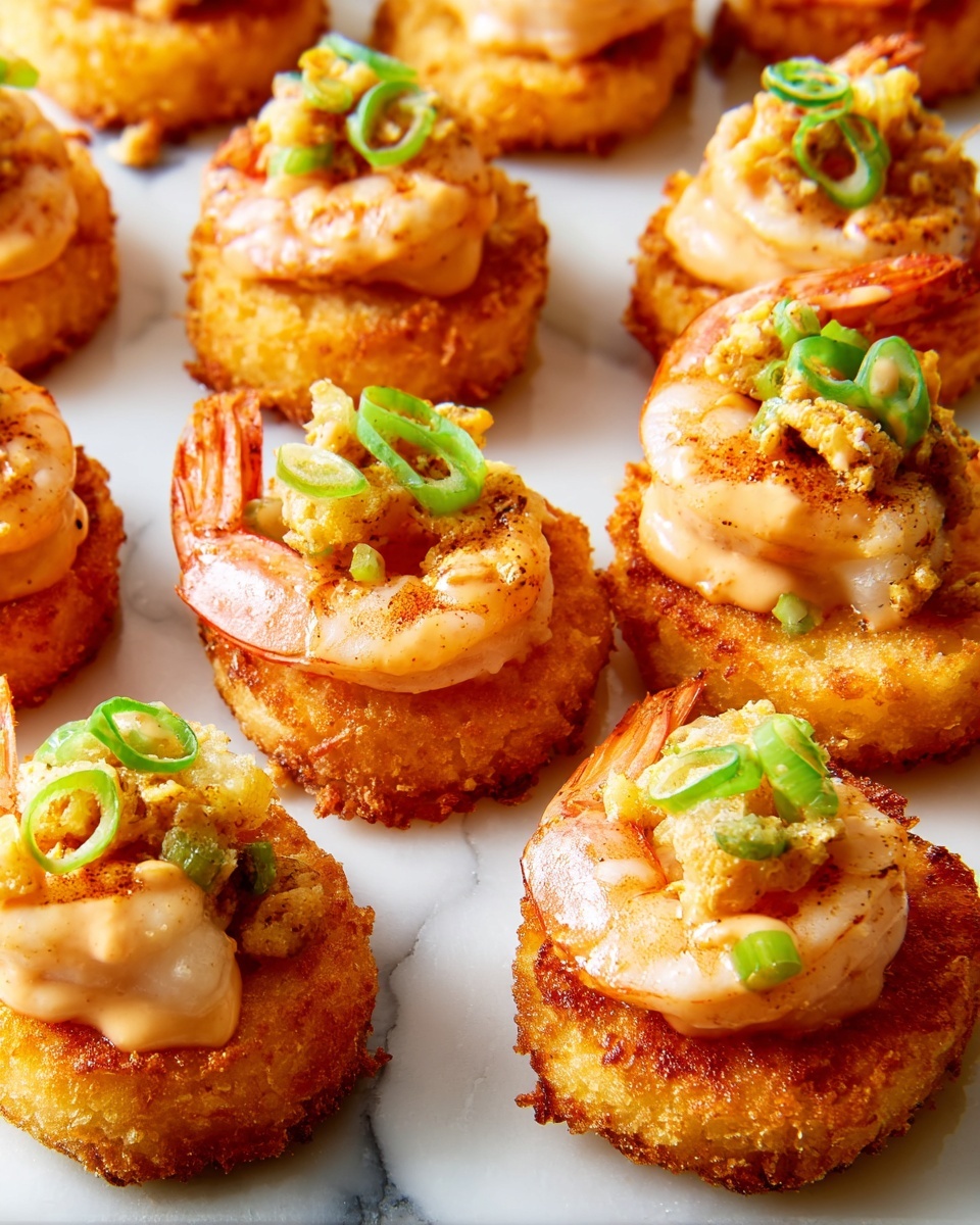 The dish shows three stacked servings on a white plate, each serving having three layers: the bottom layer is a golden brown fried base with a crispy texture, the middle layer is a mix of cooked small vegetable pieces that look soft and yellowish, and the top layer has one or two cooked shrimp with a shiny, slightly pink color. A creamy light orange sauce with specks is drizzled over the shrimp and the layers below, and fresh green onion slices are scattered on top and around. The white marbled background adds a clean look to the presentation. Photo taken with an iphone --ar 4:5 --v 7