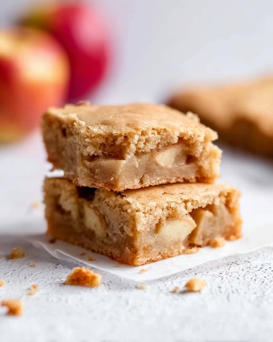 Two square pieces of light brown apple blondies are stacked on a white textured surface with some crumbs around. Each piece shows a soft and slightly crumbly texture with visible small chunks of apples inside, giving a moist look. In the blurry background, there are hints of red apples adding a fresh feel. The scene is bright with natural lighting. photo taken with an iphone --ar 4:5 --v 7