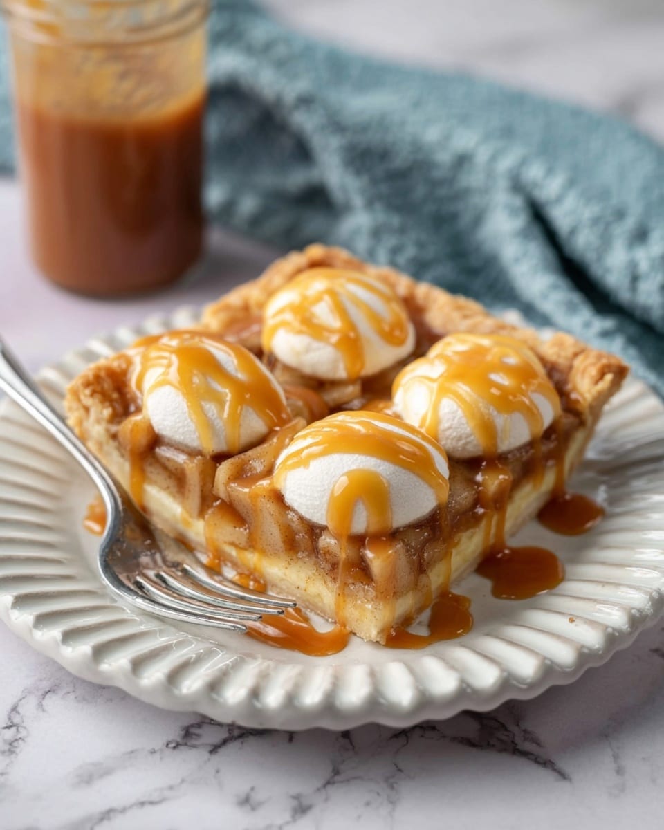 A rectangular pie with a golden-brown crust around the edges, filled with dark brown cooked apple slices underneath, topped with two layers of evenly spaced, small round light golden biscuit-like pieces arranged in a grid. The pie has a golden caramel drizzle draped loosely over the top layer. A black pie server is partially beneath the pie, with one slice missing from the bottom left side. The whole pie sits on a white marbled surface, with a green apple and a green cloth on the left side. Photo taken with an iphone --ar 4:5 --v 7
