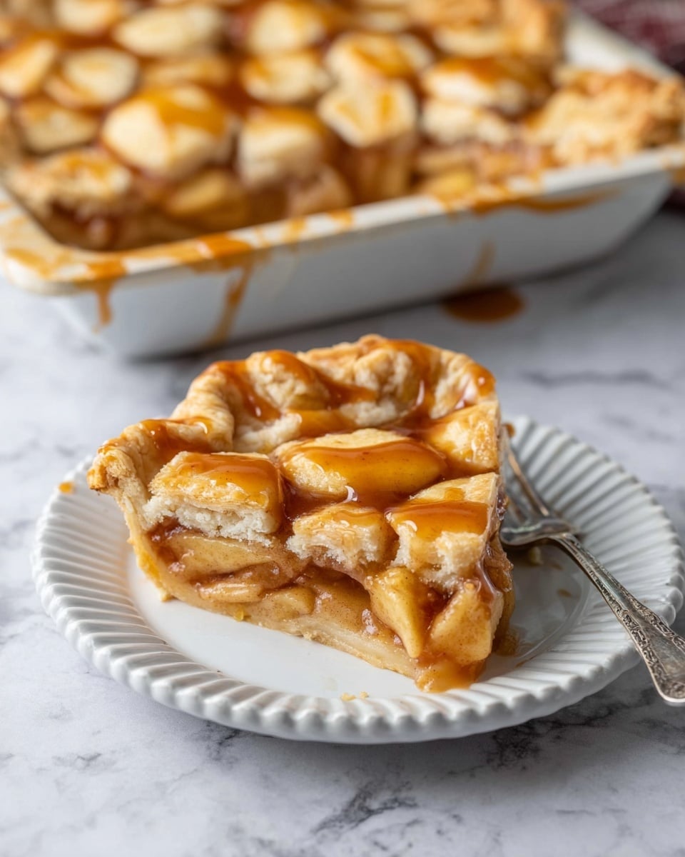 A slice of apple pie is placed on a white scalloped plate with a silver fork beside it. The pie has three visible layers: the bottom crust is golden and flaky, the middle layer is filled with soft, cooked apple slices in a light brown syrup, and the top crust consists of round and square dough pieces baked to a light golden color. A shiny caramel sauce is drizzled evenly over the top crust, giving it a glossy look. The plate rests on a white marbled surface, and the background shows more apple pie in a rectangular pan. Photo taken with an iphone --ar 4:5 --v 7