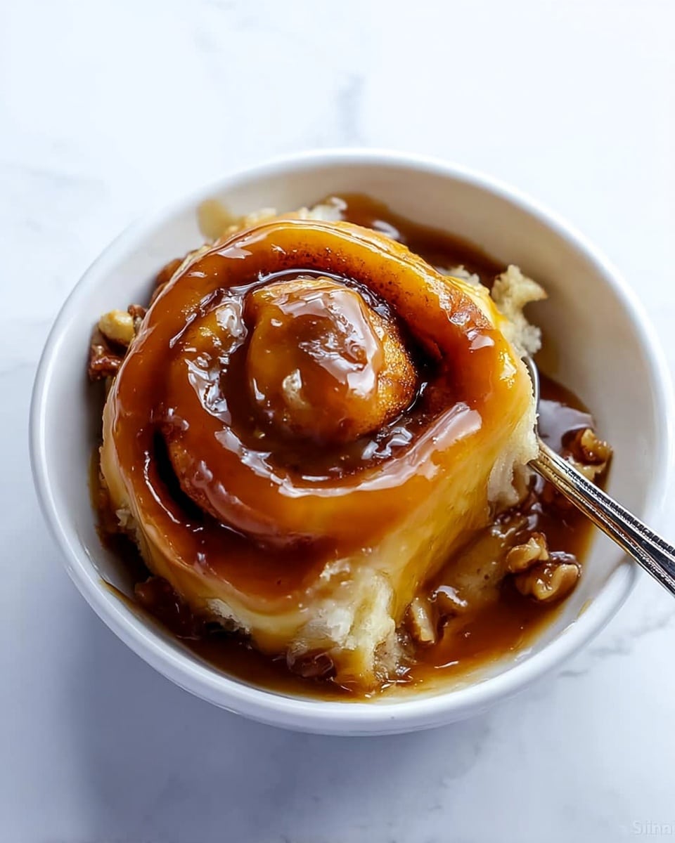 The image shows a single cinnamon roll placed in a white bowl, sitting on a white marbled surface. The cinnamon roll has a thick swirl pattern with layers of soft dough that are golden brown on the edges and lighter beige inside. It is generously covered with shiny, rich caramel sauce that drips over the top and pools slightly at the bottom. There are bits of walnut pieces visible under the caramel on the sides. A silver spoon is partially inserted into the roll on the left side, with a woman's hand holding the bowl from the far left edge. The photo taken with an iphone --ar 4:5 --v 7