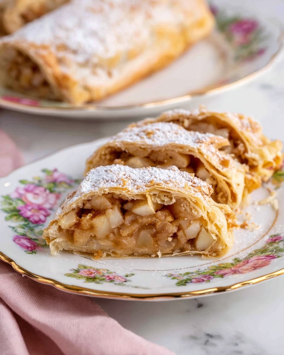 A close-up view of three slices of apple strudel on a white plate with floral designs and gold trim. The strudel has a golden brown, flaky crust dusted with powdered sugar on top. Inside, the filling shows small, soft apple chunks mixed with cinnamon and a light syrup, seen through the torn edges of the crust. In the background, there is a white plate with the same floral pattern holding another piece of strudel, slightly blurred. The surface beneath the plates is a white marbled texture, and a soft pink cloth is partially visible at the bottom left corner. Photo taken with an iphone --ar 4:5 --v 7