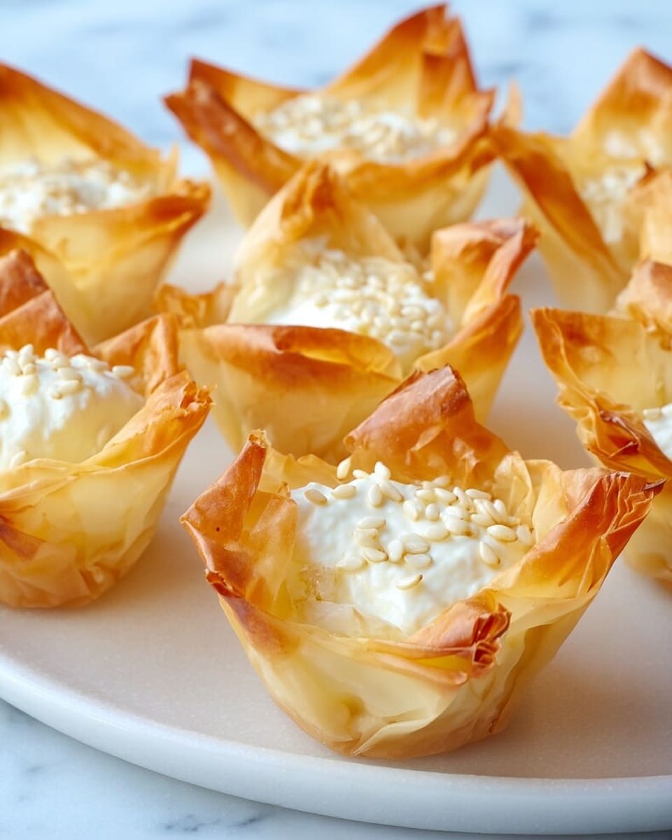 Small cups made from thin, crispy, golden-brown phyllo dough create a delicate outer layer shaped like flower petals. Inside each cup is a creamy, white cheese layer topped with a small sprinkle of white sesame seeds, adding texture and visual interest. The cups are neatly arranged on a smooth white plate sitting on a white marbled surface, emphasizing their light, crisp texture and pale colors. The photo taken with an iphone --ar 4:5 --v 7