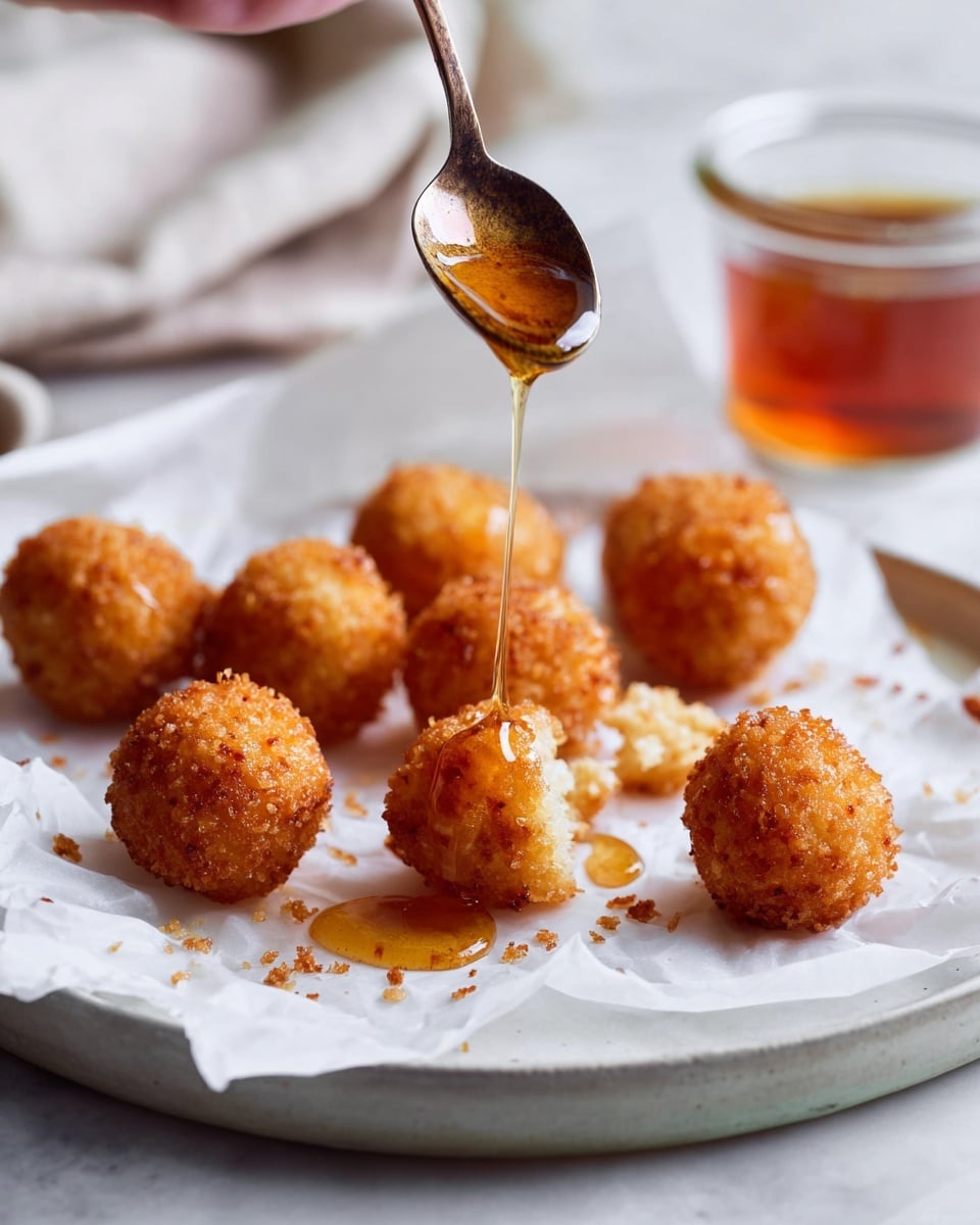 Several small, golden-brown crispy balls are placed on white paper over a white plate, arranged loosely with some closer together and others spaced out. A woman's hand holds a spoon above the balls, dripping clear amber syrup onto one of them. A small glass container of the syrup sits blurred in the background, with droplets of syrup scattered around on the paper. The texture of the balls looks crunchy and crumbly under the syrup. The scene is set on a white marbled surface with soft natural light. photo taken with an iphone --ar 4:5 --v 7