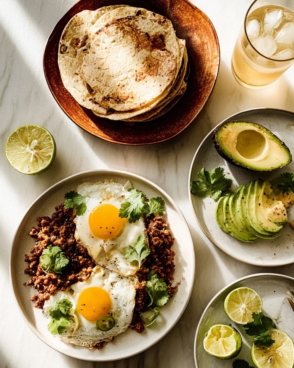 The image shows a white plate filled with crumbled cooked meat that is brown in color, placed on a white marbled surface. Next to it, there is a white bowl with a mix of cooked meat at the bottom, topped with a cooked sunny-side-up egg with a bright yellow yolk and some avocado slices on the side. Nearby, on the white marbled surface, there are several round flatbreads stacked, slightly overlapping each other, with one white woman's hand holding a skewer with a small meatball on it above the flatbreads. There are also some lime wedges and pieces of fresh green herbs scattered on the surface. The overall setting looks bright and fresh. photo taken with an iphone --ar 4:5 --v 7