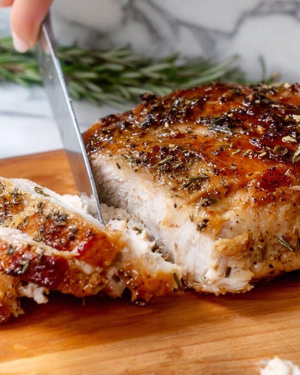 The image shows a close-up of a cooked piece of meat being sliced with a knife. The meat has a golden brown, crispy skin on the top layer with visible herbs and seasoning scattered throughout. Beneath the skin, the meat is tender and white, showing a clear contrast between the crispy outer layer and the soft inside. The meat is placed on a wooden board, and a woman's hand is visible holding the knife, carefully slicing through the layers. The background features a white marbled texture with a hint of green from a rosemary sprig in the distance. Photo taken with an iphone --ar 4:5 --v 7