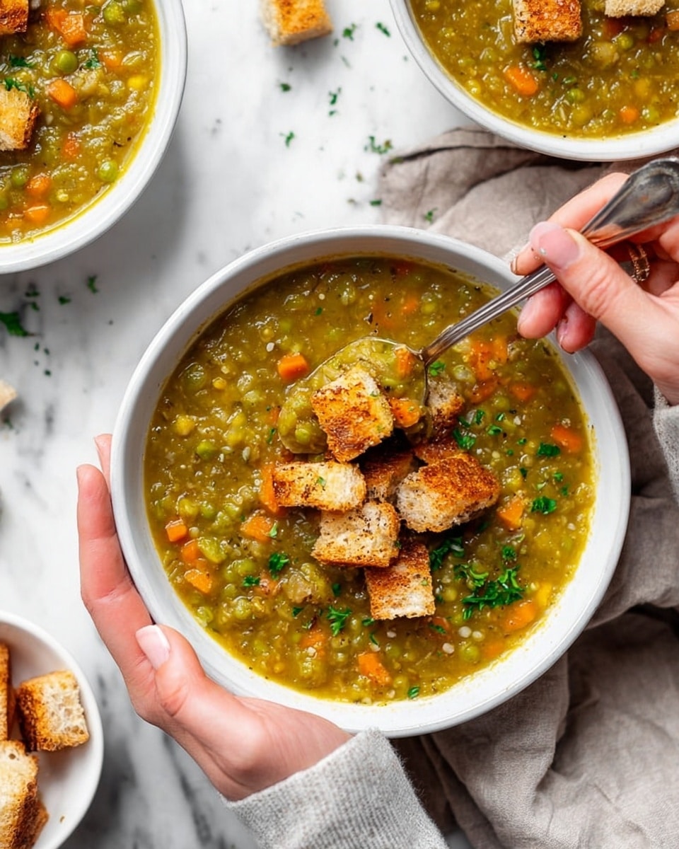 A white bowl filled with thick green split pea soup that has small pieces of orange carrot and pale green peas throughout. On top, there are golden brown toasted bread cubes with some green parsley leaves scattered around them. A woman's hand holds the bowl from the bottom left, while her other hand uses a spoon to scoop soup from the right side. The bowl sits on a white marbled surface with another bowl of soup and a small white bowl of bread cubes nearby. The scene has a cozy, fresh feel with soft natural lighting. photo taken with an iphone --ar 4:5 --v 7