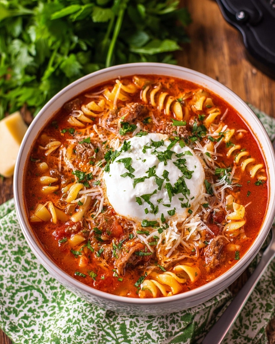 A white bowl filled with a thick, rich tomato soup that has curly pasta and small pieces of cooked meat mixed throughout. The soup is topped with a large dollop of white creamy cheese in the center, sprinkled with finely chopped green herbs. Shredded cheese is scattered evenly on top, melting slightly into the soup. The bowl sits on a warm, wood-textured surface with a green and white patterned cloth and fresh leafy green herbs nearby. Photo taken with an iphone --ar 4:5 --v 7