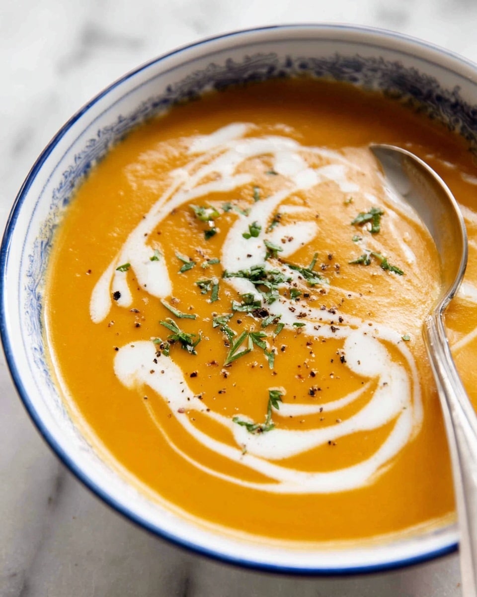 A close-up of a smooth, orange creamy soup fills a round white bowl with a blue rim. The soup surface is decorated with several white cream swirls in a loose spiral pattern near the center. There are small green herb sprinkles and a few black pepper specks scattered on top of the cream. On the upper right edge of the bowl, a metal spoon rests partially in the soup, shiny and reflecting light. The background has a soft white marbled texture. photo taken with an iphone --ar 4:5 --v 7