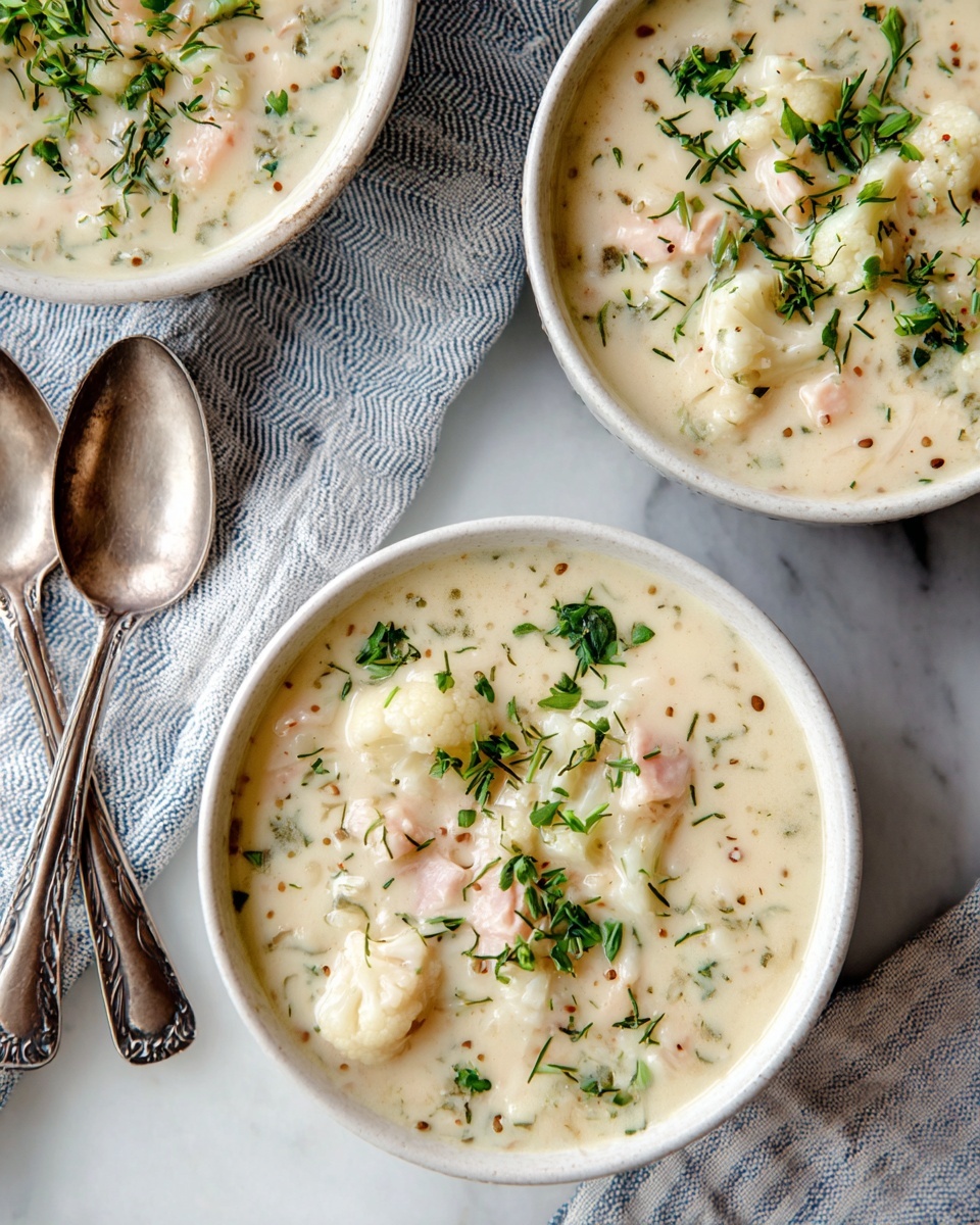 Three white bowls filled with creamy soup that has chunks of light pink pieces, white cauliflower, and green herbs on top. The soup looks thick and smooth with small seeds and chopped green leaves sprinkled all over. The bowls are placed on a white marbled surface with a white and blue striped cloth next to them. Two vintage silver spoons sit beside one bowl on the left. The overall scene is bright and fresh, focusing on the creamy texture and colorful bits in the soup. photo taken with an iphone --ar 4:5 --v 7