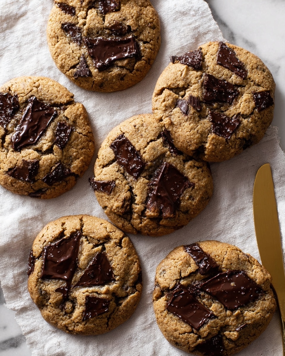 The image shows seven soft brown cookies with uneven surfaces and large dark melted chocolate chunks on top, arranged on a white cloth. The cookies have a rough texture with visible cracks and no distinct layers, just the cookie base with embedded chocolate pieces. On the right side next to the cookies, there is a gold knife placed on the white cloth. The background is a white marbled texture. photo taken with an iphone --ar 4:5 --v 7