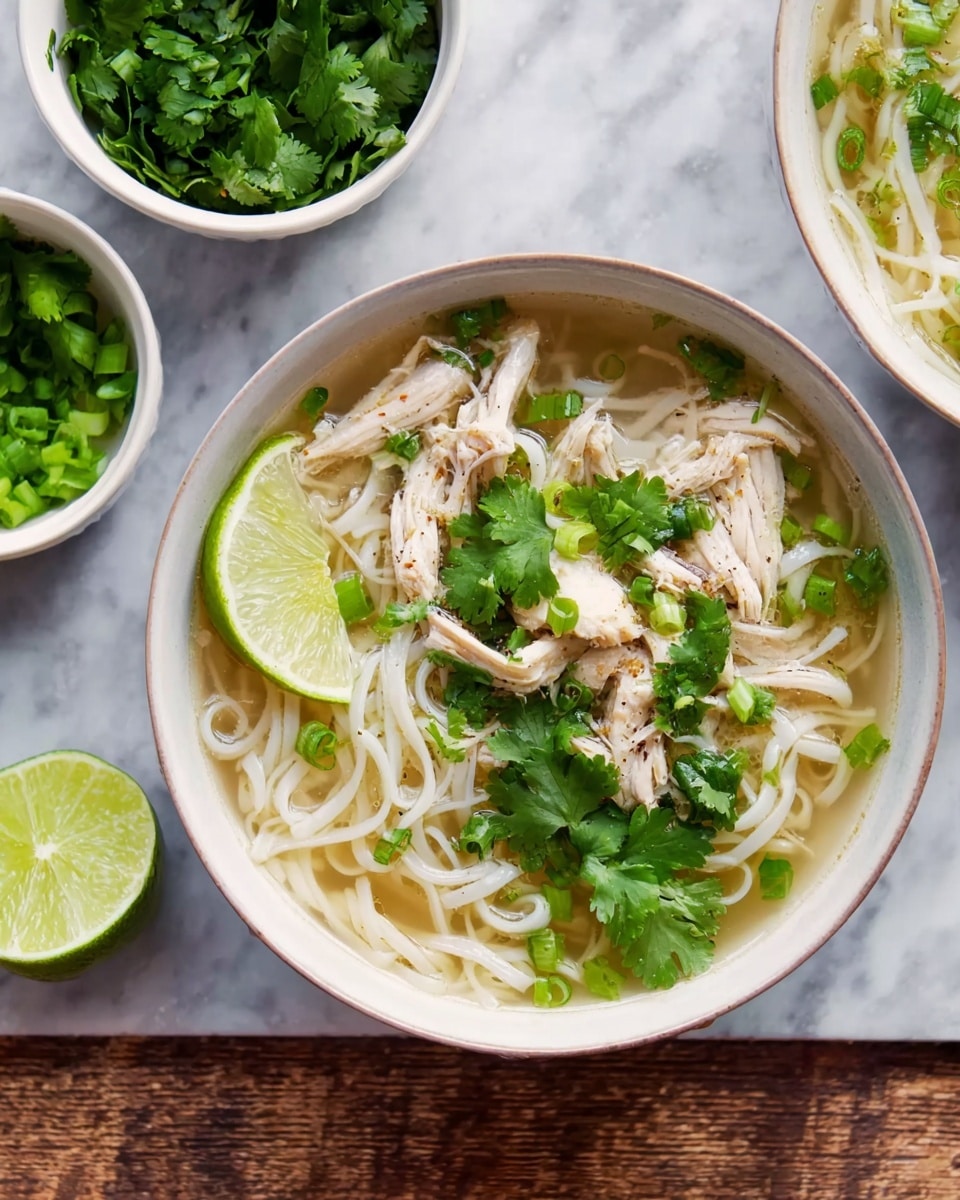 A white bowl filled with clear broth and thick white noodles at the bottom, topped with pieces of shredded light-colored cooked chicken, bright green chopped scallions, and fresh dark green cilantro leaves. A thin slice of lime rests on the edge of the bowl. The bowl sits on a white marbled surface with two small white bowls nearby, one holding fresh cilantro leaves and the other green chopped scallions. A wedge of lime is placed beside the main bowl. Another similar bowl is partially visible in the top right corner. photo taken with an iphone --ar 4:5 --v 7
