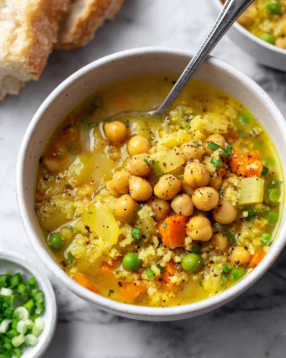 A white bowl filled with a thick chickpea soup showing three main layers of ingredients. The top layer has whole, round chickpeas in a yellowish broth with slices of green onions and small chunks of orange carrots. Underneath are scattered pieces of light green celery and some bright green peas, mixing with the broth that has a slightly oily surface. The soup looks textured with small bits of cooked yellow rice or millet throughout, and the broth shines with specks of black pepper sprinkled on top. A metal spoon stands in the bowl, and in the background, a piece of bread and a small white bowl with chopped green onions rest on a white marbled surface. photo taken with an iphone --ar 4:5 --v 7