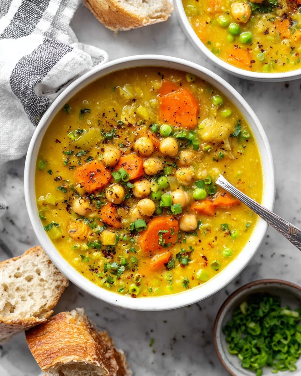 A white bowl filled with a thick yellow soup layered with light orange carrot slices, beige chickpeas, and small green peas. The soup has finely chopped light green celery and is topped with chopped green onions and a sprinkle of black pepper. A silver spoon is placed inside the bowl resting diagonally. Nearby, there is torn pieces of crusty bread and a small round bowl with more chopped green onions on a white marbled surface. A white cloth with thin dark stripes is partially visible beside the bowl photo taken with an iphone --ar 4:5 --v 7
