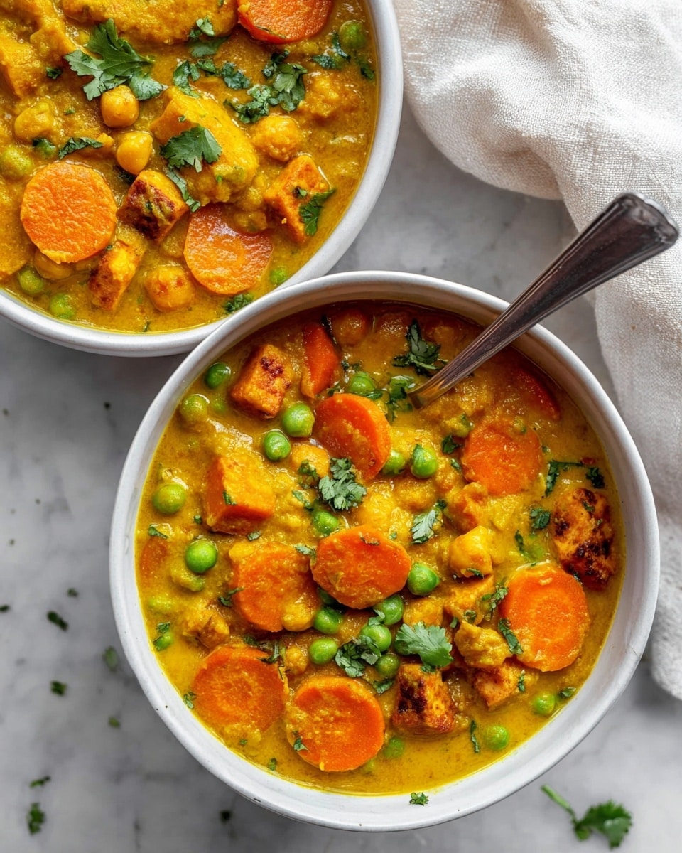 The image shows two white bowls filled with a thick, yellow-orange curry with visible layers of round, bright orange carrot slices on top. Green peas and chickpeas are scattered throughout the curry, adding texture and color contrast. There are chunks of browned tofu or paneer mixed in, giving a chewy layer amid the creamy sauce. Small green cilantro leaves are sprinkled over the curry for garnish. A silver spoon rests inside the top bowl, and the bowls sit on a white marbled surface with a light-colored cloth nearby. photo taken with an iphone --ar 4:5 --v 7