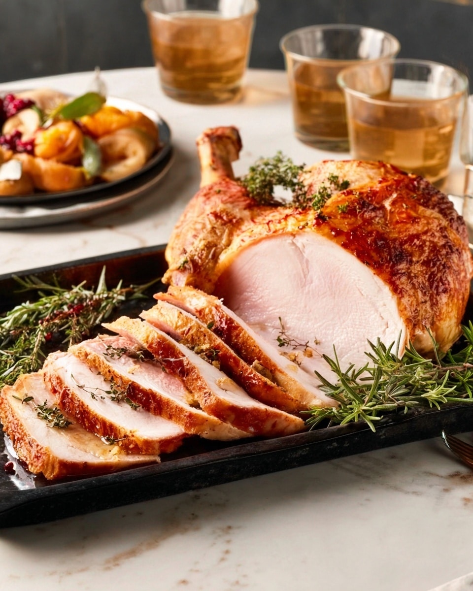 A sliced turkey is placed on a black tray, showing a pinkish inside with a crispy golden brown skin. The sliced pieces are arranged in a row with some herbs, including rosemary, scattered on and around the slices. A whole turkey leg with similar coloring is behind the sliced meat on the tray. In the background, there are plates with some food and two clear glasses filled halfway with a light brown beverage. The scene is set on a white marbled surface. photo taken with an iphone --ar 4:5 --v 7