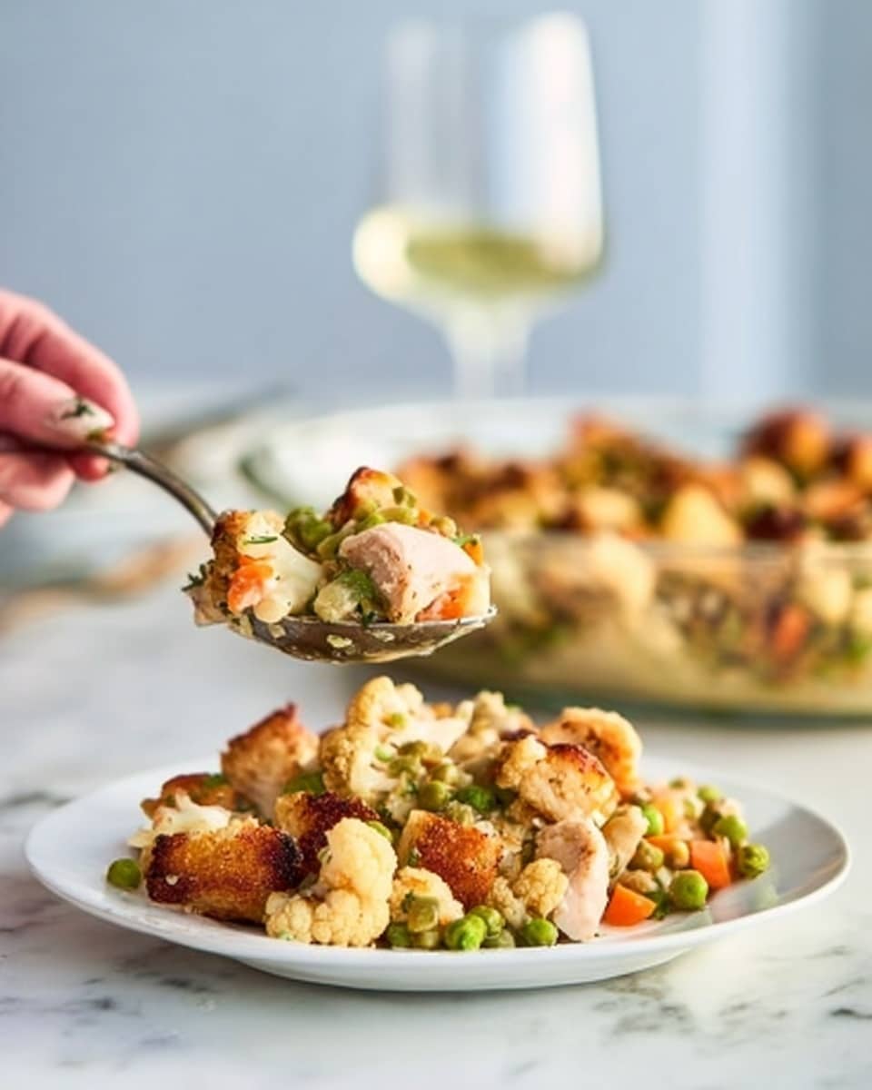A close-up view of a white plate on a white marbled surface, filled with a layered dish consisting of roasted pieces of browned cauliflower and chunks of light pink chicken mixed with green peas and small orange carrot bits. Above the plate, a woman's hand is holding a large spoon with a scoop of the same mixture, showing the textures of the roasted cauliflower's crispy edges and the tender chicken pieces. In the blurred background, there is a clear glass bowl filled with more of the dish, and part of a glass of white wine is visible on the left. photo taken with an iphone --ar 4:5 --v 7