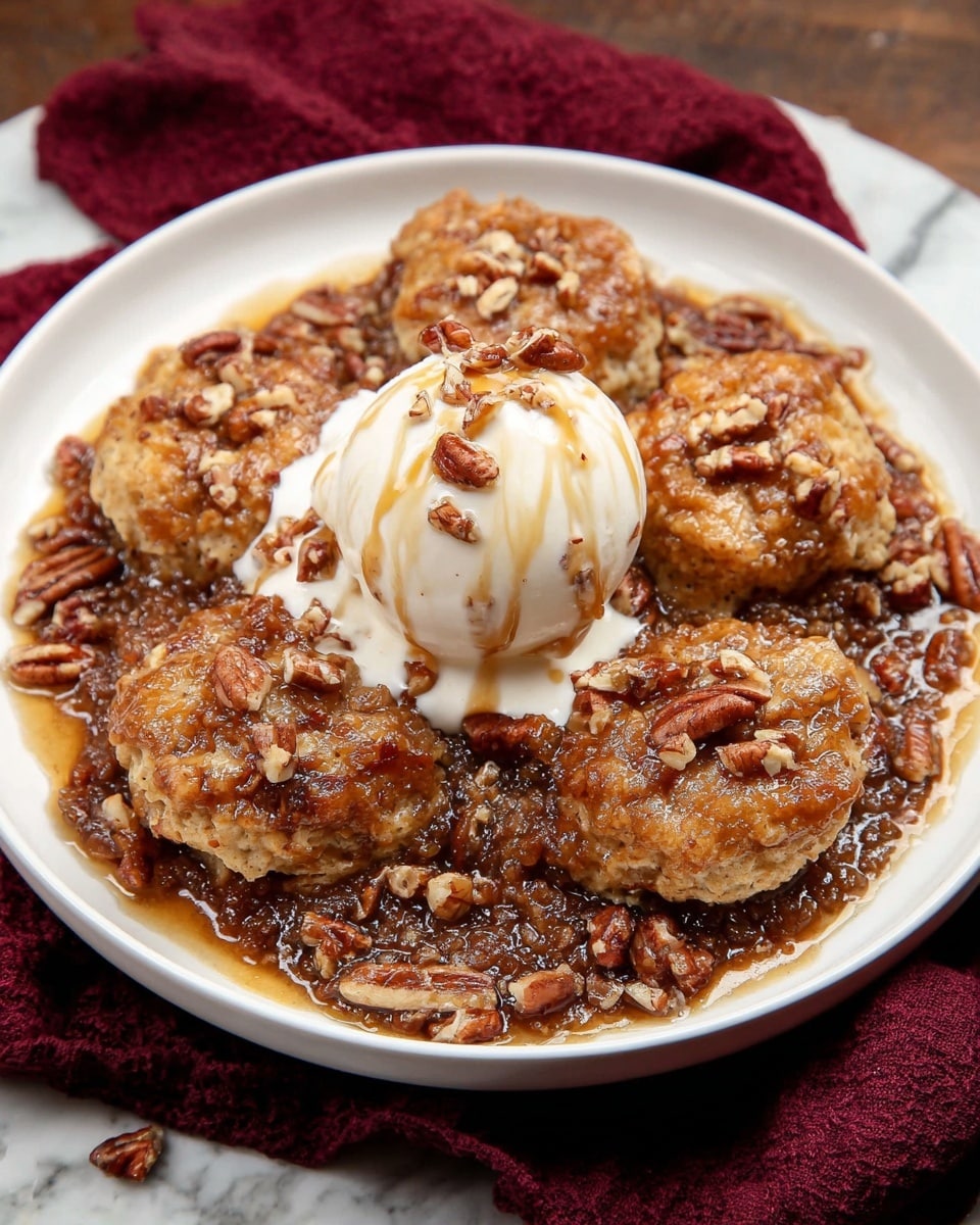 The dish shows a white plate with a base layer of rich, sticky brown pecan filling spread out unevenly, having a chunky texture. On top of this are several golden brown biscuit pieces, scattered around the plate. Centered on the biscuit pieces is a large scoop of white vanilla ice cream drizzled with amber syrup and sprinkled with small pecan bits. The plate is on a white marbled surface with a dark red cloth around it, photo taken with an iphone --ar 4:5 --v 7