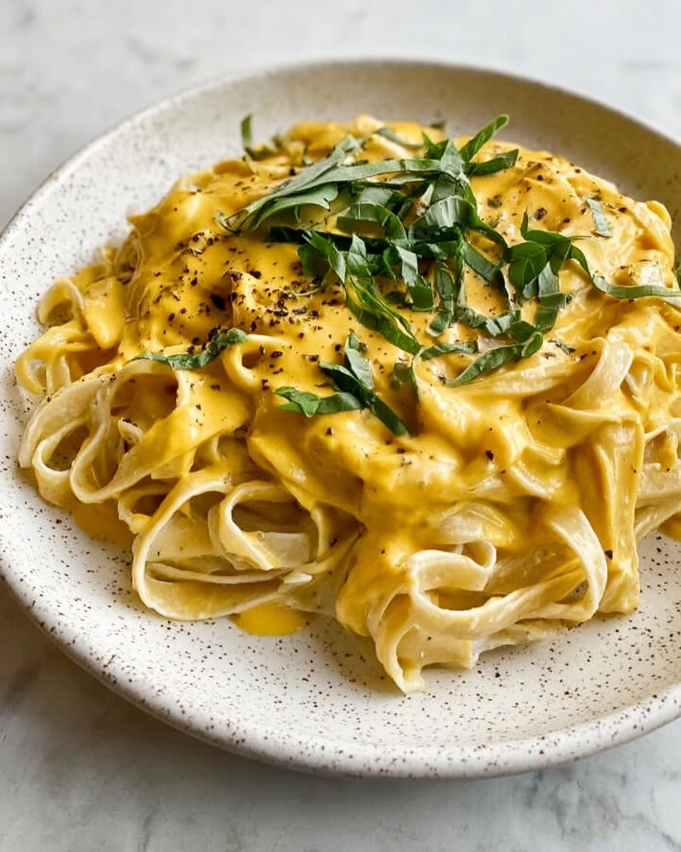 A white speckled plate holds a dish of light beige fettuccine pasta arranged loosely with plenty of thick golden yellow sauce poured over the center. Fresh green herb leaves are sprinkled on top of the sauce, adding contrast and a pop of color. The plate sits on a white marbled surface. The photo taken with an iphone --ar 4:5 --v 7