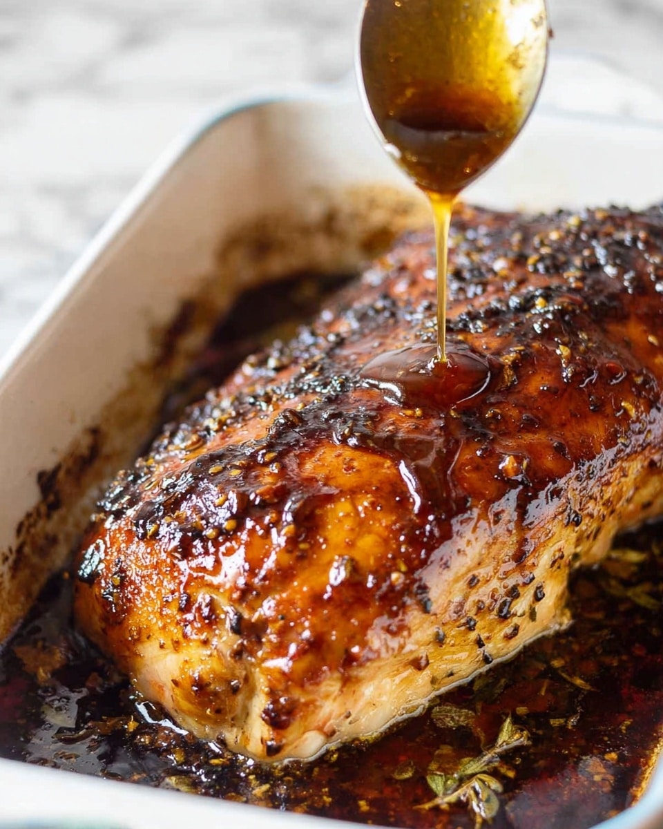 The image shows a close-up of a large piece of roasted meat with a golden-brown crust, covered in a shiny, sticky glaze that drips slightly down its surface. A spoon is held above the meat, dripping more of the glaze onto it. The meat sits in a white baking dish that has dark, caramelized bits around the edges, with some herbs or seasoning visible under and around the meat. The background is a white marbled texture. photo taken with an iphone --ar 4:5 --v 7