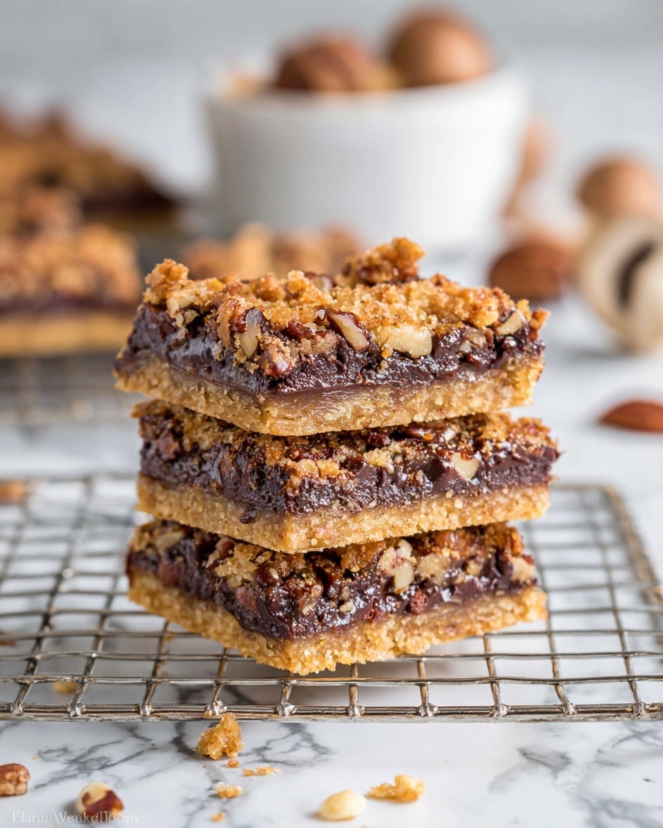 The image shows a stack of three dessert bars on a metal cooling rack over a white marbled surface. Each bar has three layers: a bottom light golden crumbly crust, a thick middle layer of dark melted chocolate mixed with pieces of nuts, and a top layer of a golden-brown nut and chocolate mixture that looks crispy. Bits of crumbs and nuts are scattered around the bars on the rack. In the background, slightly blurred, there is a white bowl filled with more nuts and some out-of-focus whole mushrooms. Photo taken with an iphone --ar 4:5 --v 7