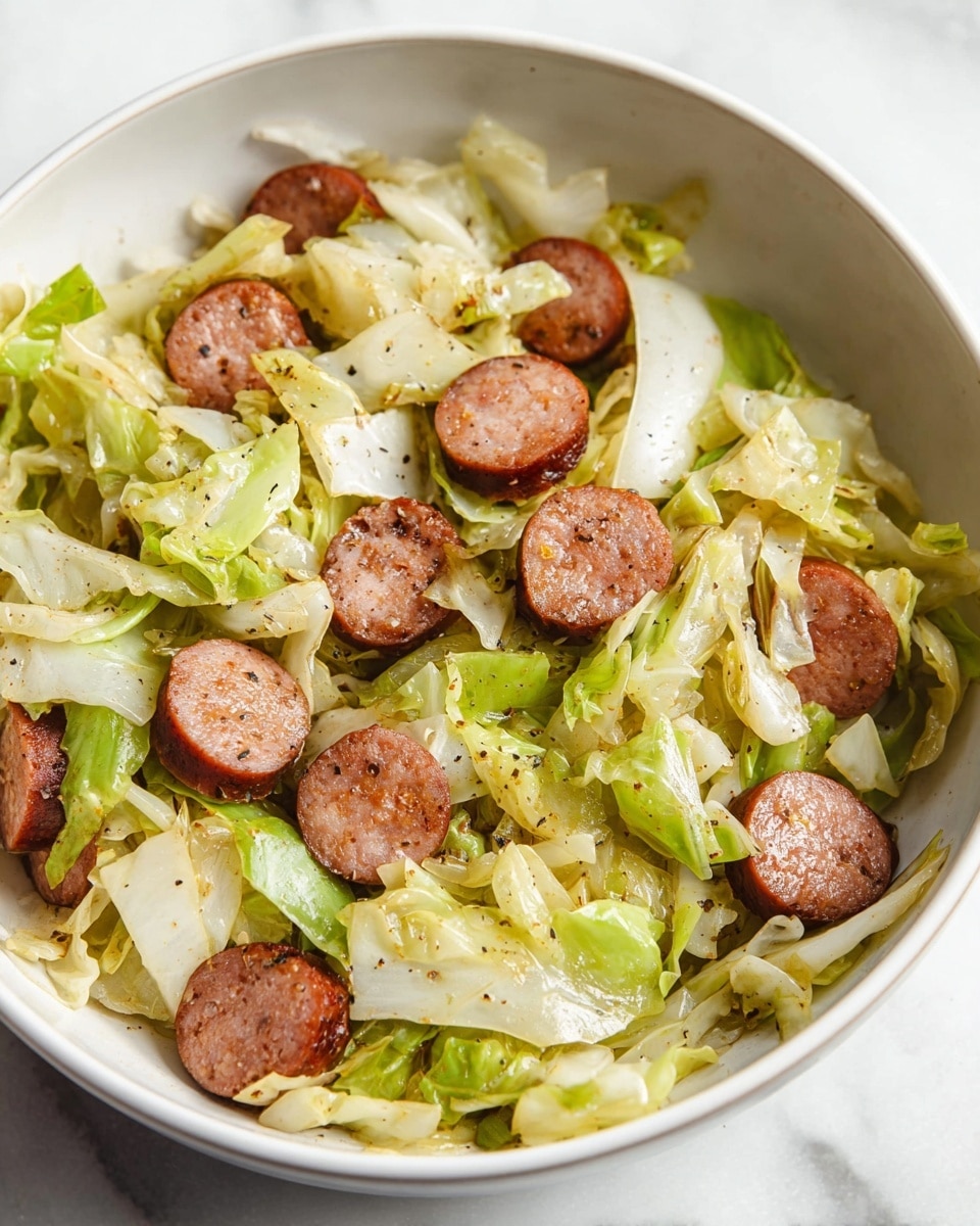 A white bowl filled with a cooked mixture of sliced sausage and vibrant cabbage pieces. The dish has visible layers with round, browned sausage slices scattered evenly throughout the light green and white shredded cabbage. The cabbage looks soft with a slight shine, and the sausage is firm with a smooth peppered texture. Tiny black pepper specks are sprinkled across the entire dish, adding subtle contrast. The bowl sits on a white marbled surface. photo taken with an iphone --ar 4:5 --v 7