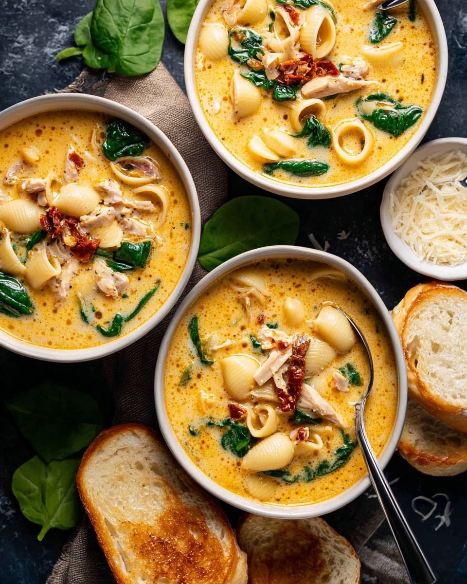 Three white bowls filled with a creamy, orange-yellow soup sit on a dark surface with fresh green spinach leaves scattered around. Each bowl contains visible ingredients: small shell pasta, light pieces of meat, green spinach leaves, and little bits of red sun-dried tomatoes, all floating in the rich soup with a few drops of oil on top. A silver spoon rests inside the front bowl. Beside the bowls, there are two pieces of toasted white bread with a golden-brown crispy top, placed on white marbled texture. A small white bowl filled with grated cheese and a tiny spoon is also nearby. photo taken with an iphone --ar 4:5 --v 7