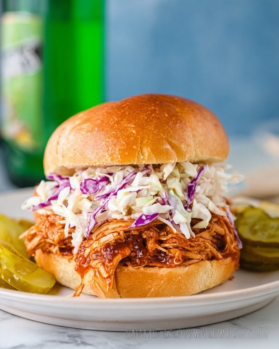 A sandwich with three main layers on a white round plate on a white marbled surface. The bottom layer is a soft, golden-brown crusty bun. On top of that is a thick layer of shredded meat mixed with a reddish-brown sauce, giving it a juicy texture. Above the meat is a fresh coleslaw mix with white and purple cabbage, adding a crunchy and colorful contrast. The sandwich is topped with the other half of the golden-brown bun. To the side of the plate are some pickle slices and extra coleslaw. In the blurry background, there is a green bottle with a white label. Photo taken with an iphone --ar 4:5 --v 7