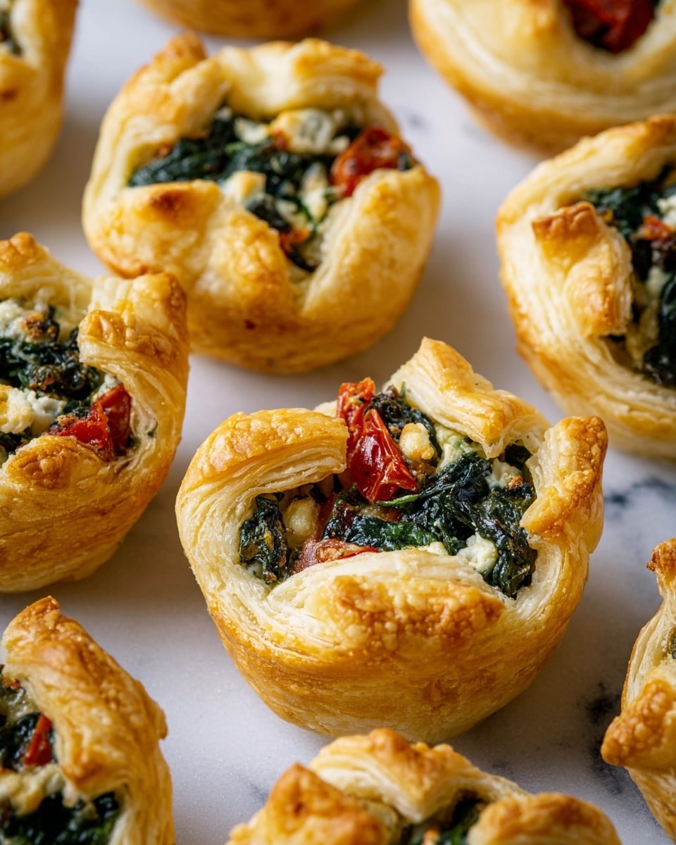 The image shows several small pastry cups arranged closely together on a white marbled surface. Each pastry has a golden-brown, flaky outer layer with visible layers shaped to form a cup. Inside each cup is a filling made up of three visible layers: the bottom layer contains small pieces of red, likely tomato; the middle layer is a mix of dark green leafy vegetables, possibly spinach; and the top layer is light and crumbly, probably cheese. The pastries have an inviting texture, showing crisp, puffed edges that are slightly browned. photo taken with an iphone --ar 4:5 --v 7