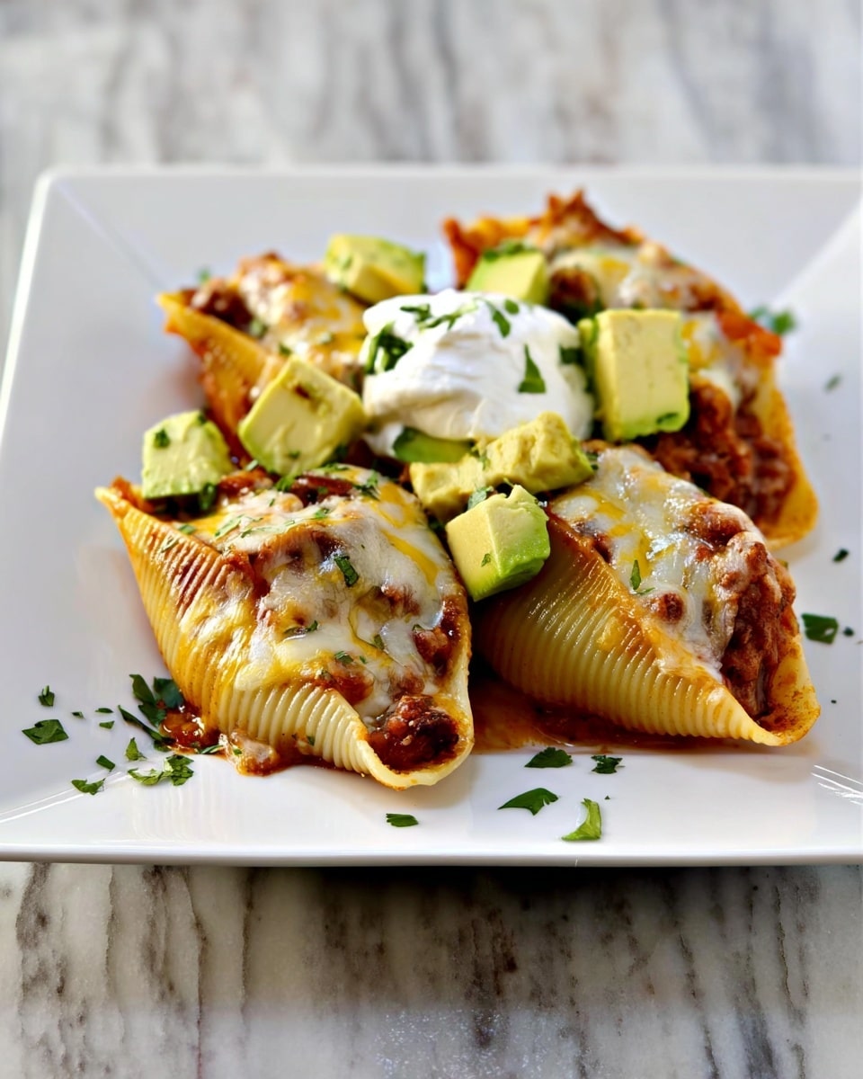 Three large pasta shells are placed closely on a white square plate sitting on a white marbled surface. Each shell is stuffed with a reddish-brown filling topped with melted yellow cheese that has browned in spots. On top of the shells, there are chunks of light green avocado and a dollop of white sour cream. Small green herb pieces are sprinkled over the dish and plate, adding a fresh touch. Photo taken with an iphone --ar 4:5 --v 7