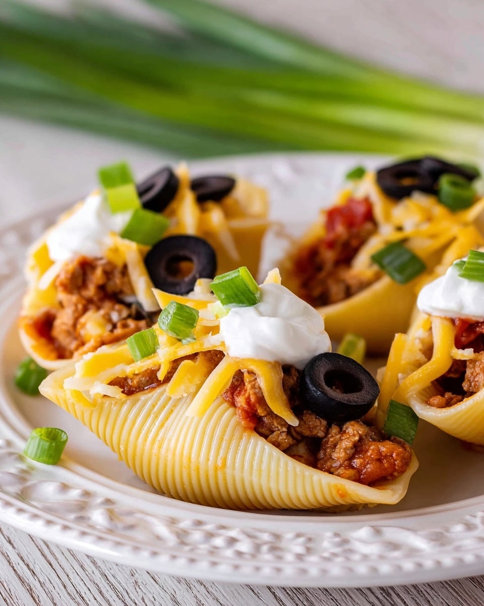 The image shows four large pasta shells on a white plate, each shell stuffed with a mix of ground meat and topped with melted light yellow cheese. The shells are placed on a bed of red tomato sauce, with extra sauce drizzled on top. There are small pieces of green onion sprinkled over the shells and sauce, adding a fresh green color contrast to the dish. The plate sits on a white marbled surface. Photo taken with an iphone --ar 4:5 --v 7
