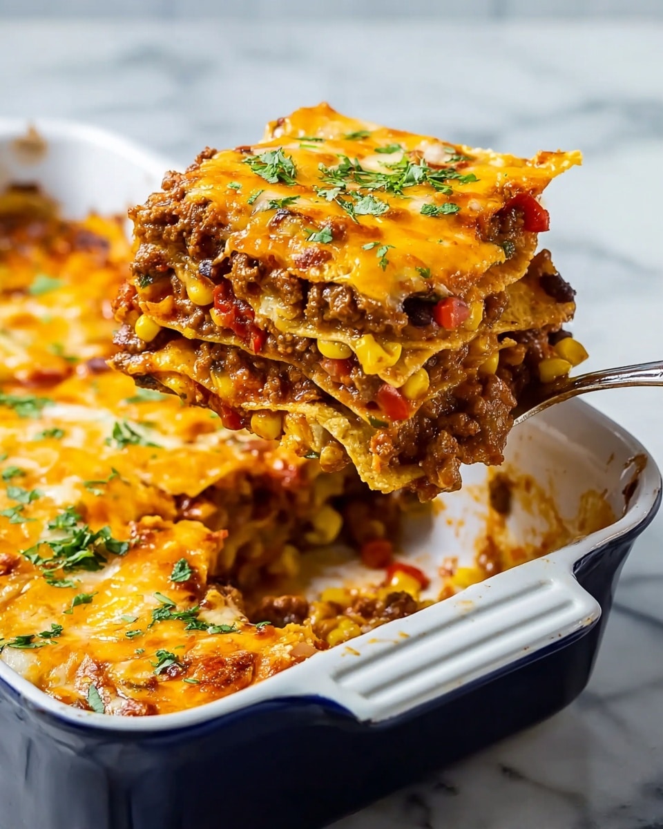 The dish is a baked casserole in a white rectangular baking dish on a white marbled surface. It has multiple layers starting with a base layer of red sauce at the bottom, followed by several round tortilla pieces covered in melted yellow and white cheese sprinkled all over. The cheese is bubbly and slightly browned in some areas. The top is sprinkled with fresh chopped green herbs evenly spread across. The edges of the sauce slightly bubble up around the tortillas creating a rich, warm look. Photo taken with an iphone --ar 4:5 --v 7