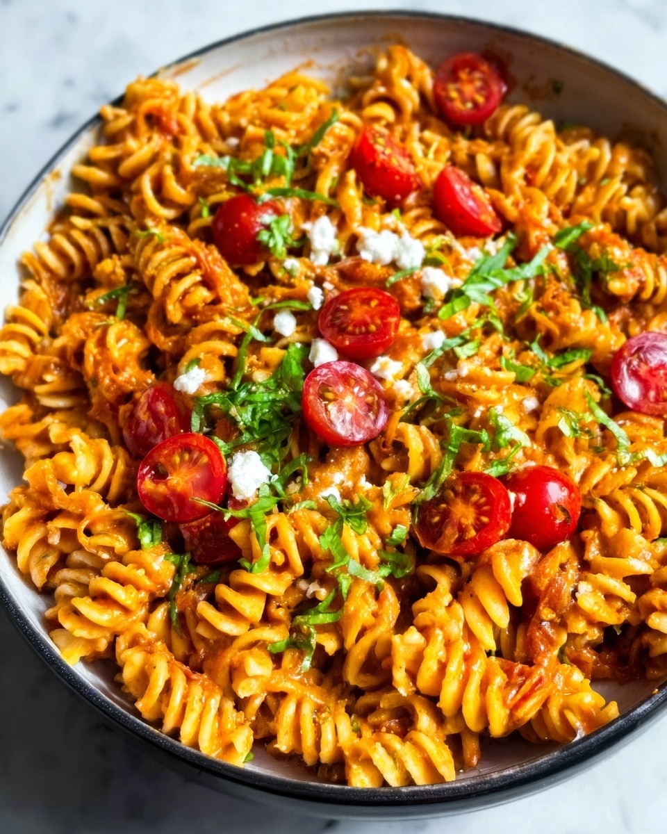 A white bowl filled with spiral pasta mixed in a creamy orange-red sauce. On top, there are several halves of small red tomatoes, pieces of green herbs scattered evenly, and a few small dollops of white cheese. The pasta looks well coated, and the sauce appears smooth and thick with a slightly shiny texture. The photo is taken from above with a white marbled surface in the background. photo taken with an iphone --ar 4:5 --v 7